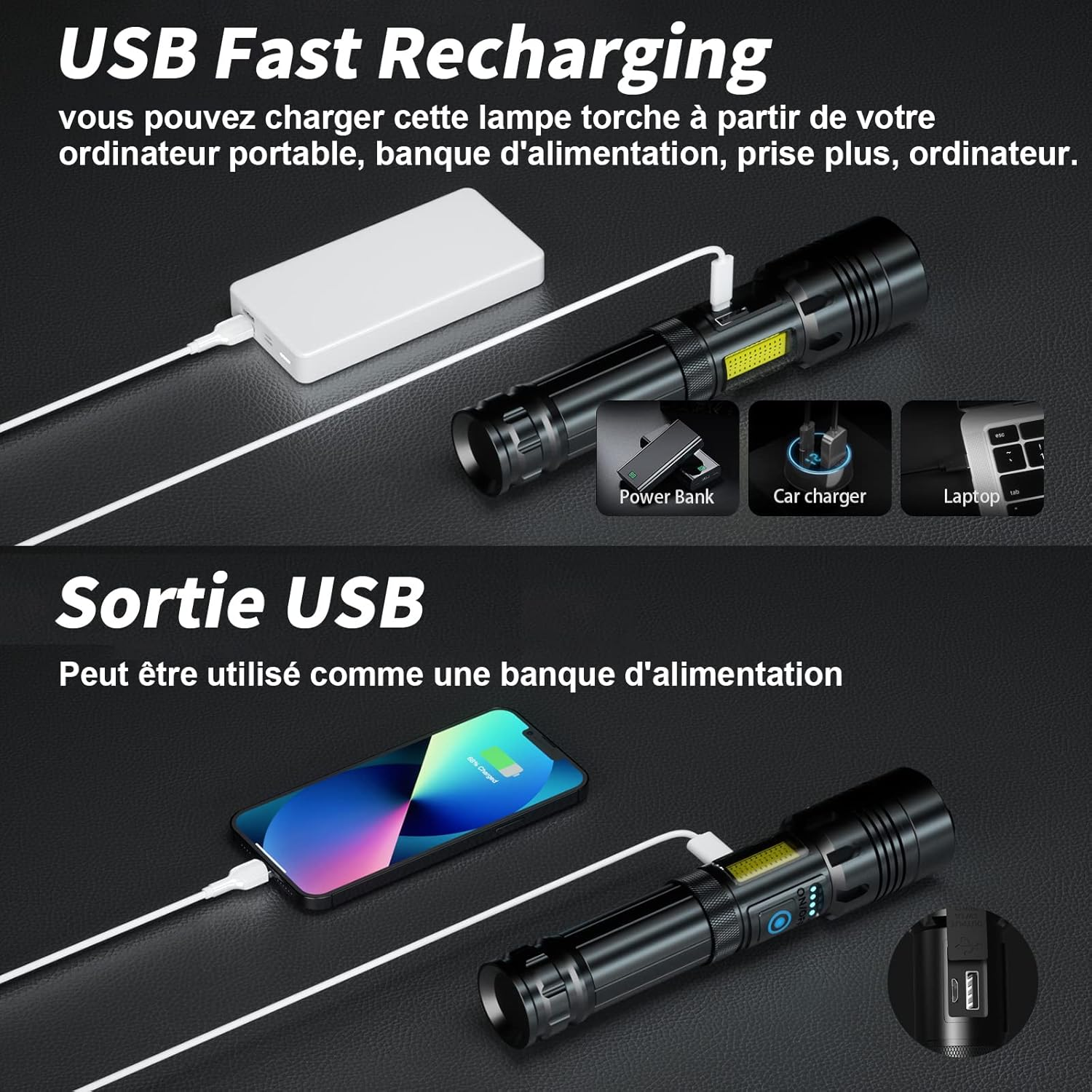 Eine Taschenlampe wird über eine Powerbank, ein Autoladegerät und einen Laptop aufgeladen. Ein Telefon wird auch über die Taschenlampe aufgeladen.