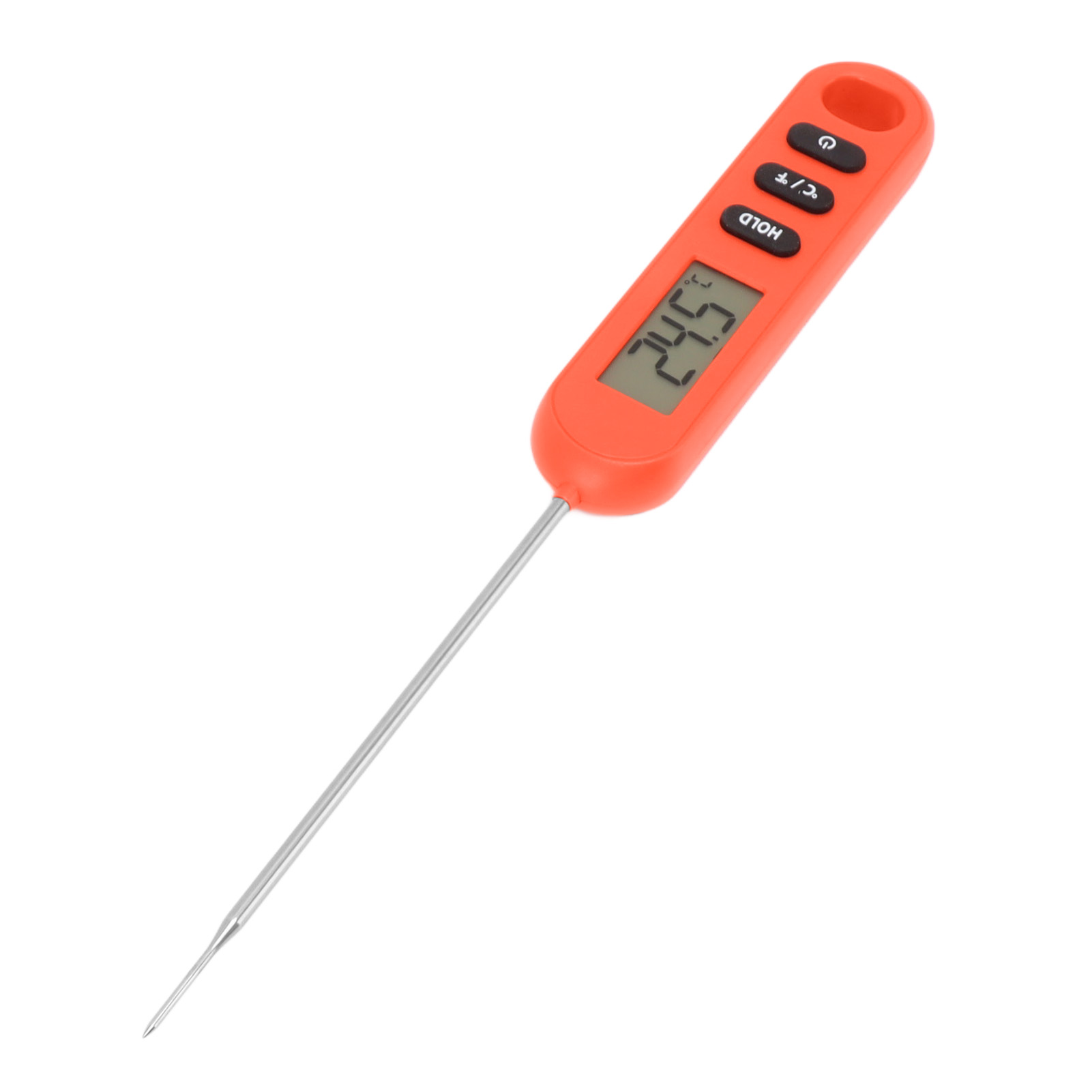 Ein orangefarbenes digitales Lebensmitteltemperaturmessgerät mit Edelstahlsensor zeigt 24,5 Grad an.