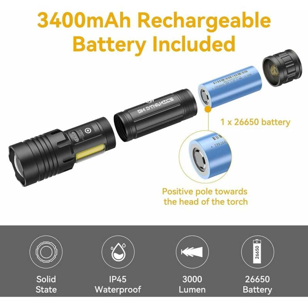 Explosionszeichnung einer schwarzen Taschenlampe mit 26650-Batterie, gekennzeichnet mit Funktionen wie wasserdicht und Lumenleistung.