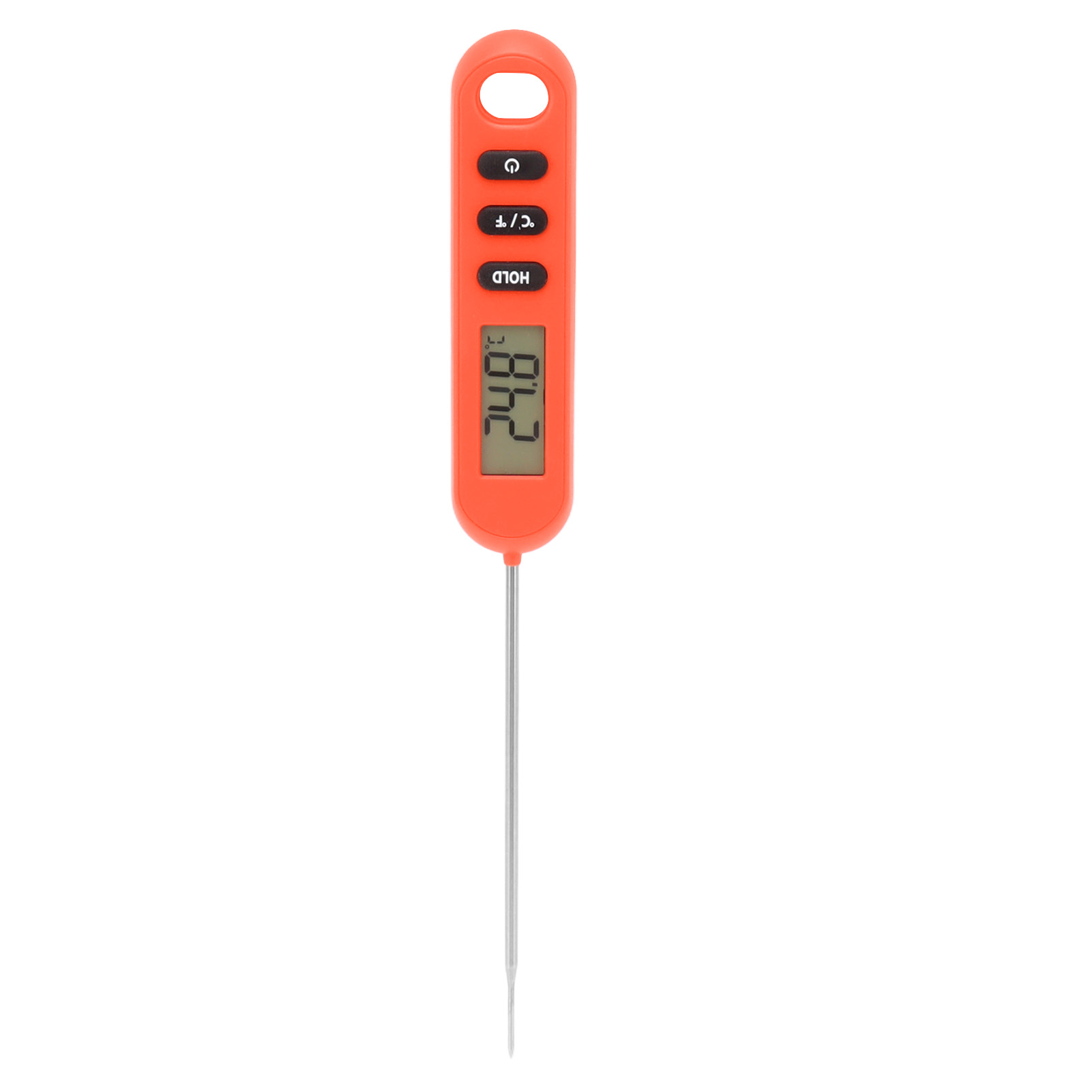 Ein orangefarbenes digitales Lebensmitteltemperaturmessgerät. Der Bildschirm zeigt 24,8 Grad an. Knöpfe sind am Griff. Eine lange Metallsonde erstreckt sich.