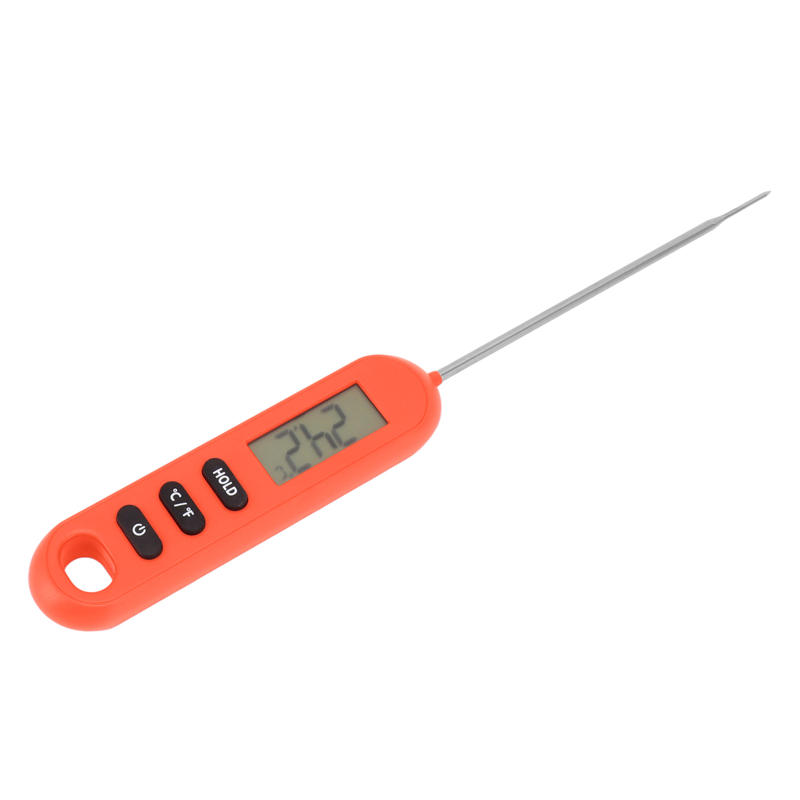 Ein orangefarbenes digitales Lebensmittelthermometer mit einer Metallsonde. Das Display zeigt 24,2 an. Es gibt drei Tasten und einen Ein-/Ausschalter.