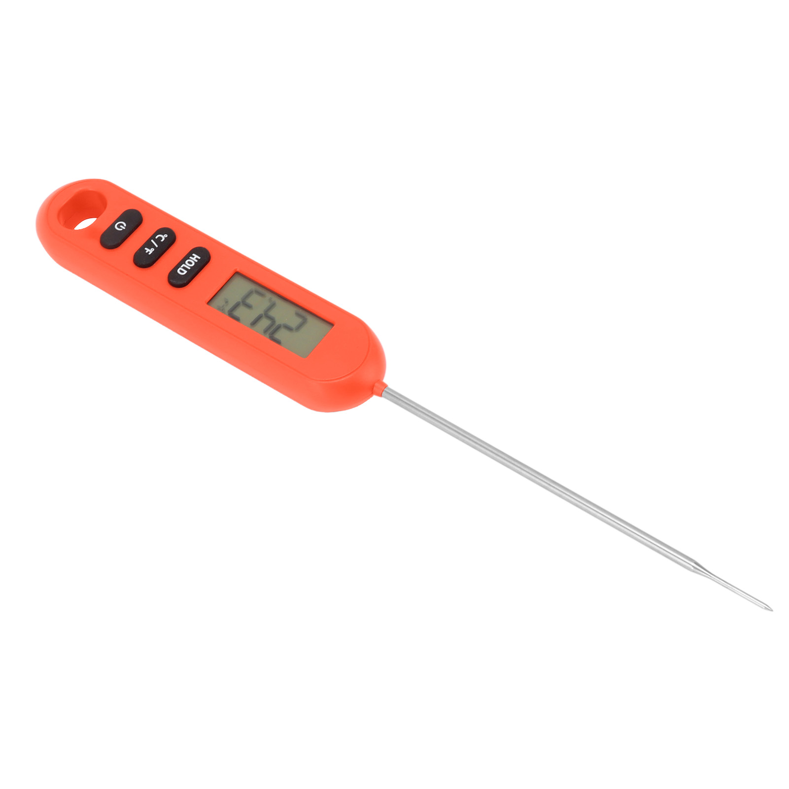 Ein orangefarbenes digitales Lebensmitteltemperaturmessgerät. Es hat ein Display mit einer Temperatur von 24,3 und eine Metallsonde.