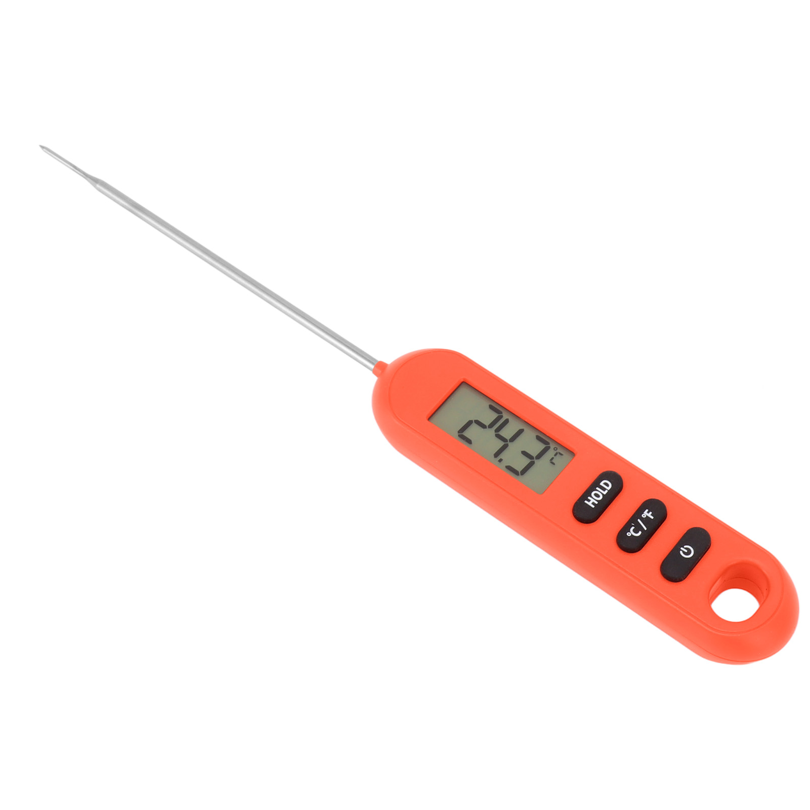 Ein orangefarbenes digitales Lebensmittelmesser mit silberner Sonde zeigt 24,3 Grad an. Unter dem Display befinden sich drei schwarze Knöpfe.