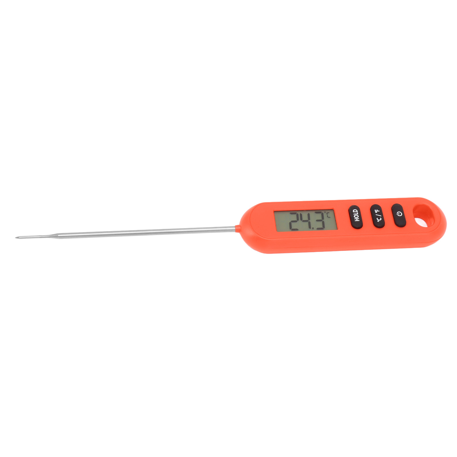 Ein oranges digitales Thermometer mit langer Metallsonde. Das Display zeigt 24,3 °C an. Tasten für Halten, C/F und Ein/Aus.