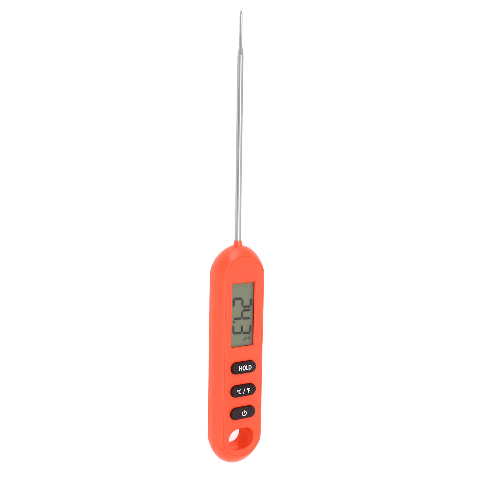 Ein oranges digitales Thermometer mit einer langen Metallsonde. Es zeigt 24,3 Grad an. Knöpfe sind Halten, C/F und Ein/Aus.