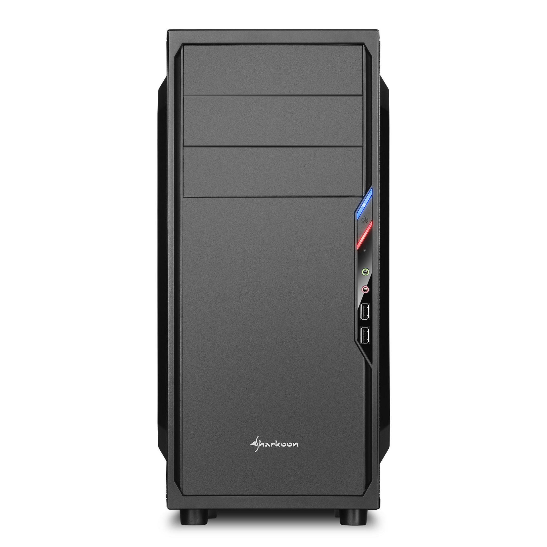 Ein schwarzes Computergehäuse. Es hat Ein-/Ausschalter, USB-Anschlüsse und das 'Sharkoon'-Logo auf der Vorderseite.