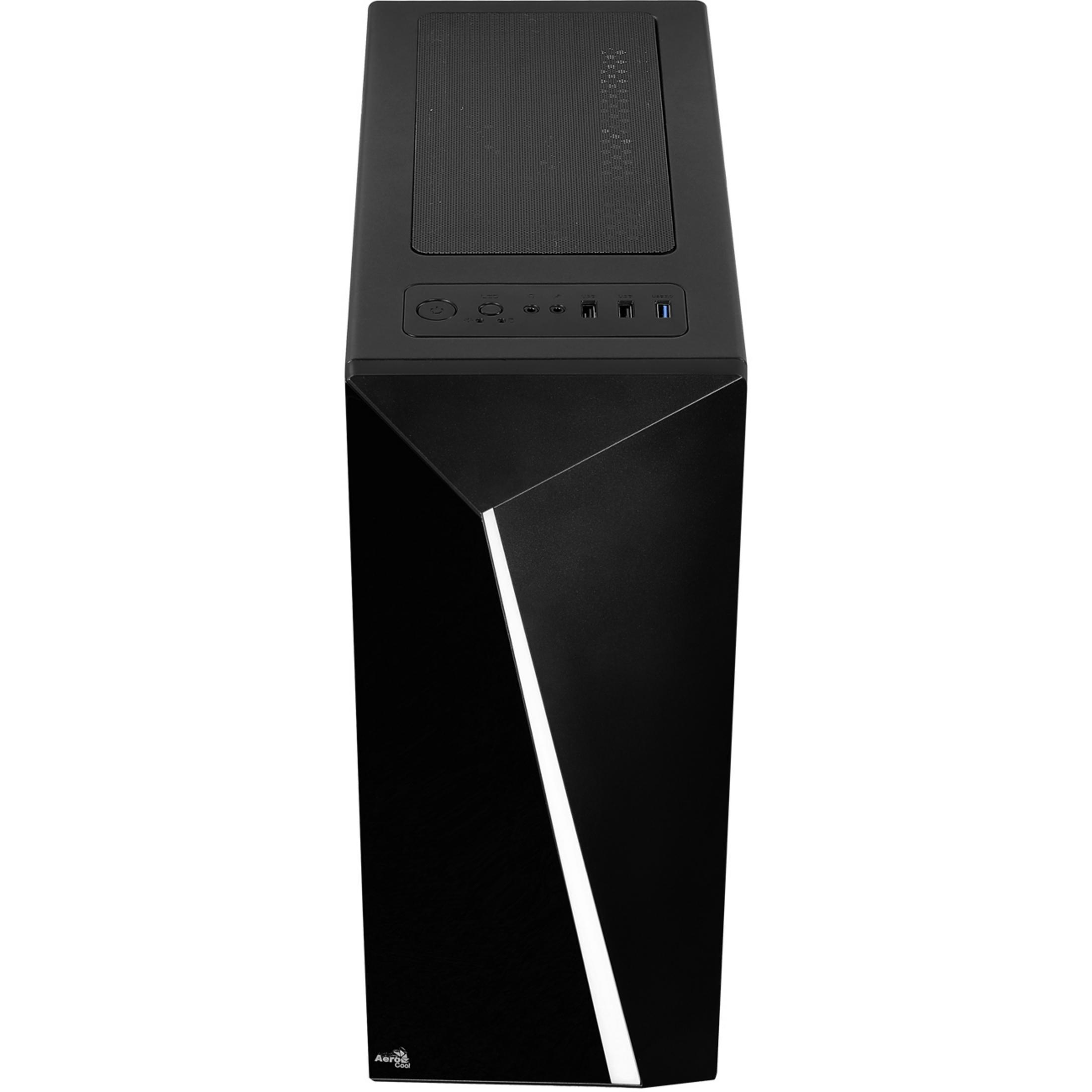 Un case per computer nero con una striscia bianca sul davanti. La parte superiore ha un pannello a rete e pulsanti.