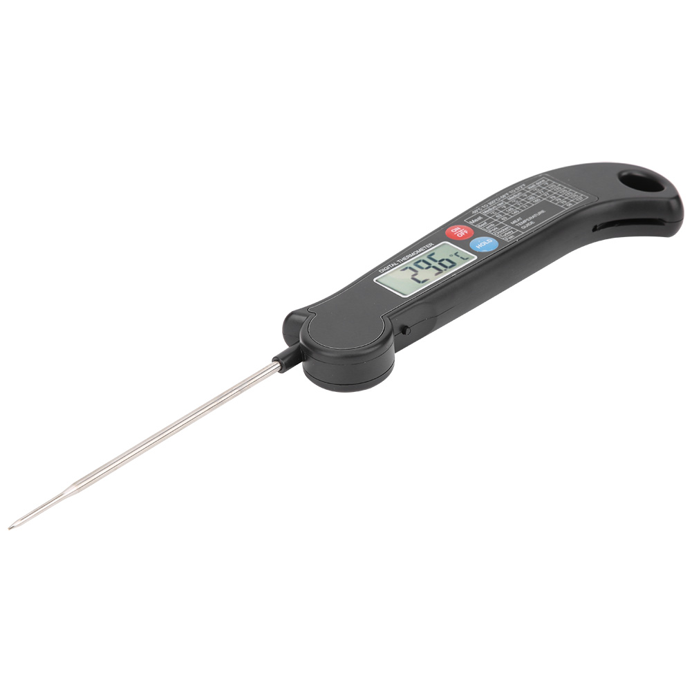 Ein digitales Thermometer mit schwarzem Griff und silberner Sonde. Das Display zeigt 29,6. Knöpfe sind rot und blau.