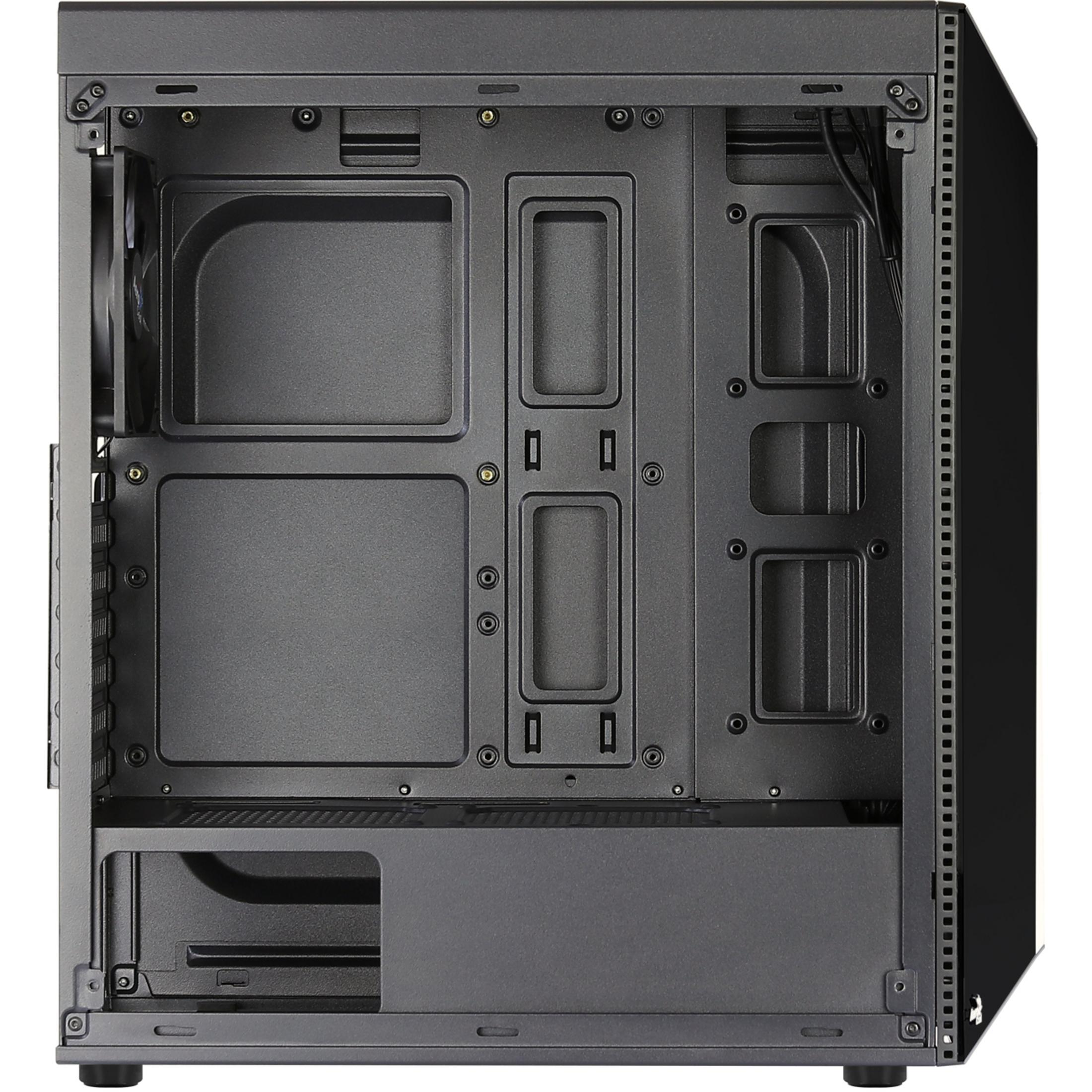 Un case per computer nero vuoto con varie aperture per i componenti e un pannello laterale a rete, visto dall'interno.