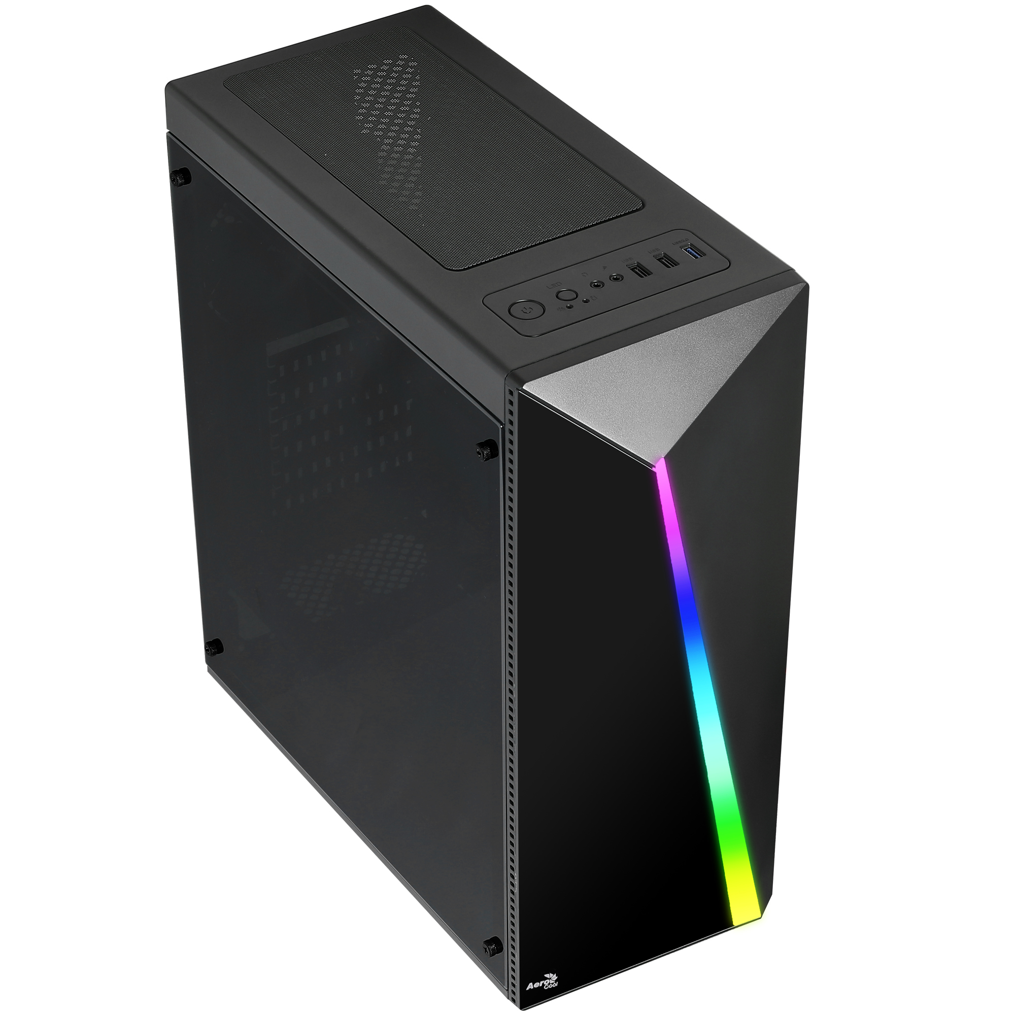 Case per computer nero su bianco. Presenta un pannello laterale in vetro, striscia LED e parte superiore in rete. Porte e pulsanti.