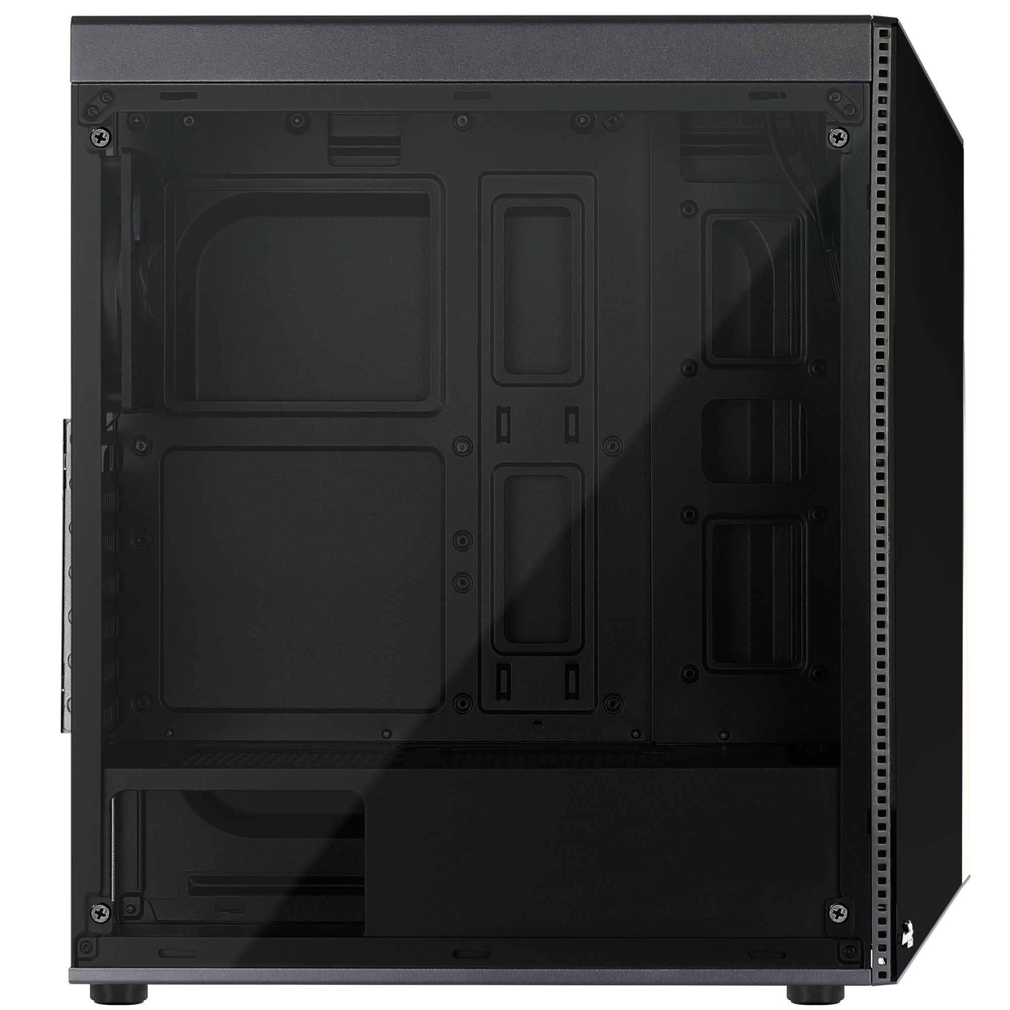 Un case per computer nero con un pannello laterale trasparente. I componenti interni sono visibili, con varie aperture e supporti.