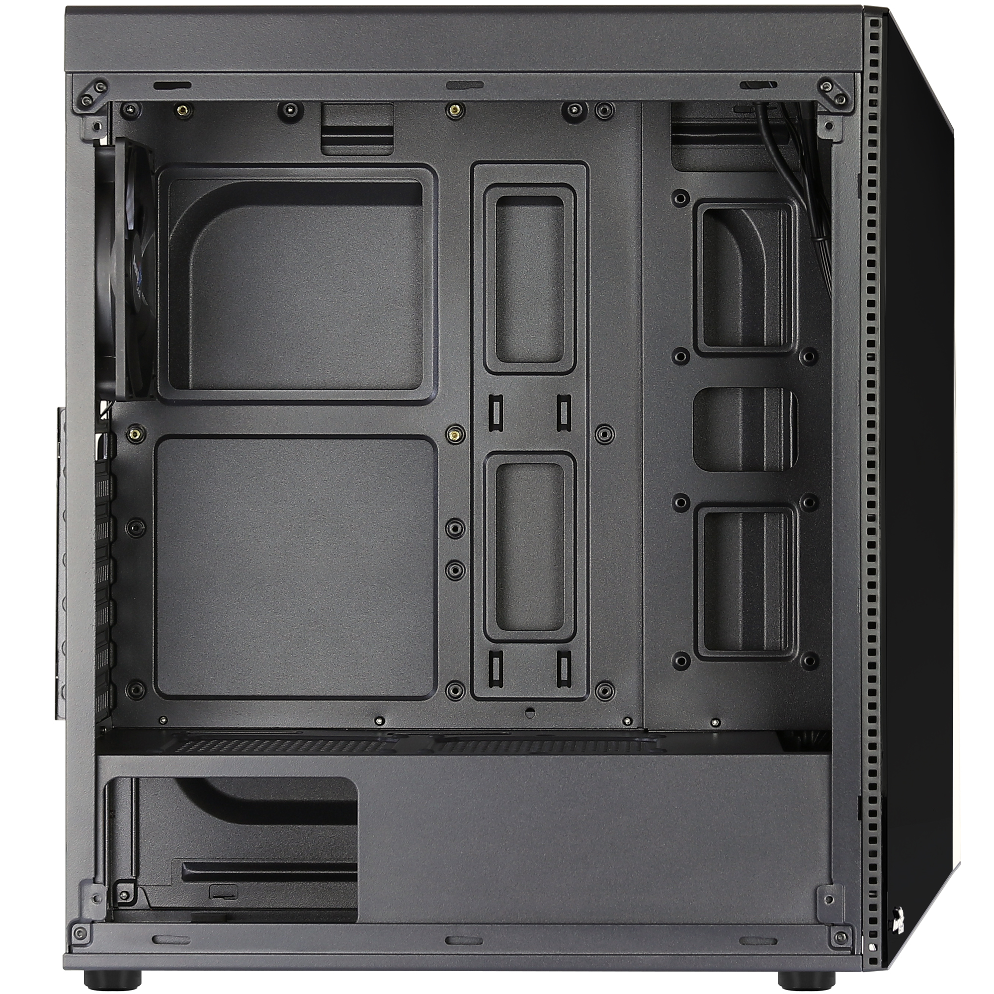 Interno di un case di computer nero vuoto. Sono visibili scomparti rettangolari e punti di montaggio, insieme a una ventola a sinistra.