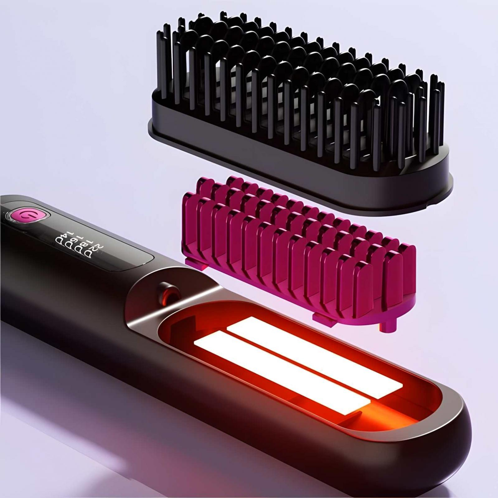 Haarglätter mit schwarzem Oberteil, rosa und dunkelbraunen Teilen. Das Heizelement ist mit hellem Rot sichtbar.