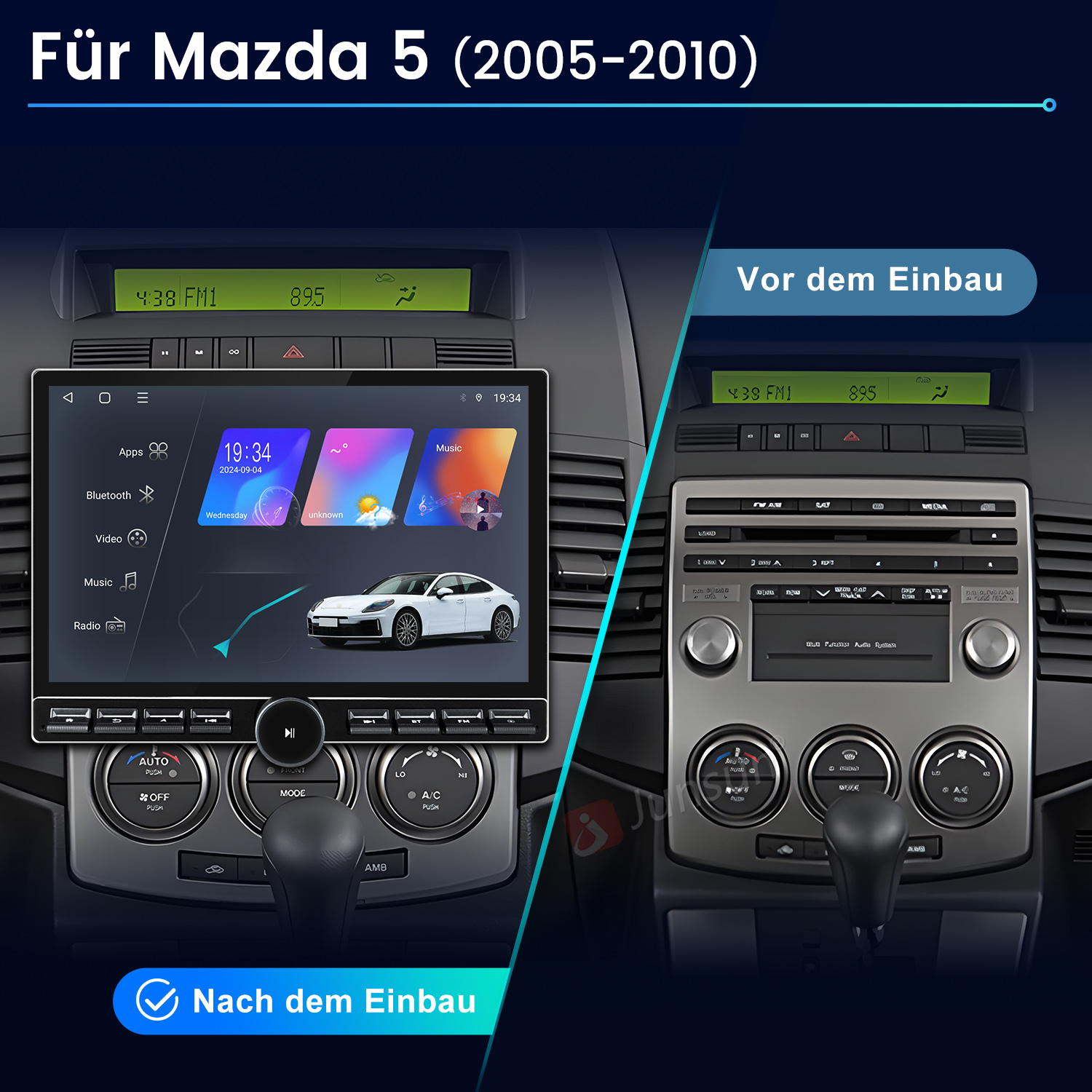 Das Bild zeigt das Armaturenbrett eines Autos vor und nach der Installation eines neuen Bildschirms. Die linke Seite zeigt den neuen Bildschirm, die rechte den alten.