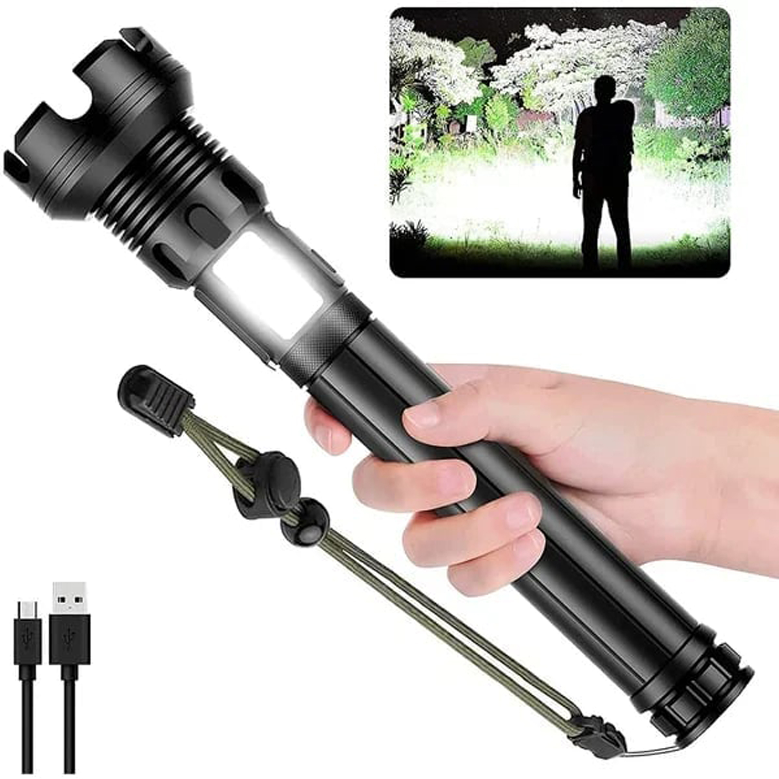 Eine schwarze Taschenlampe wird von einer Hand gehalten, mit einem Riemen und USB-Kabeln. Ein kleineres Bild zeigt eine Person im Licht.
