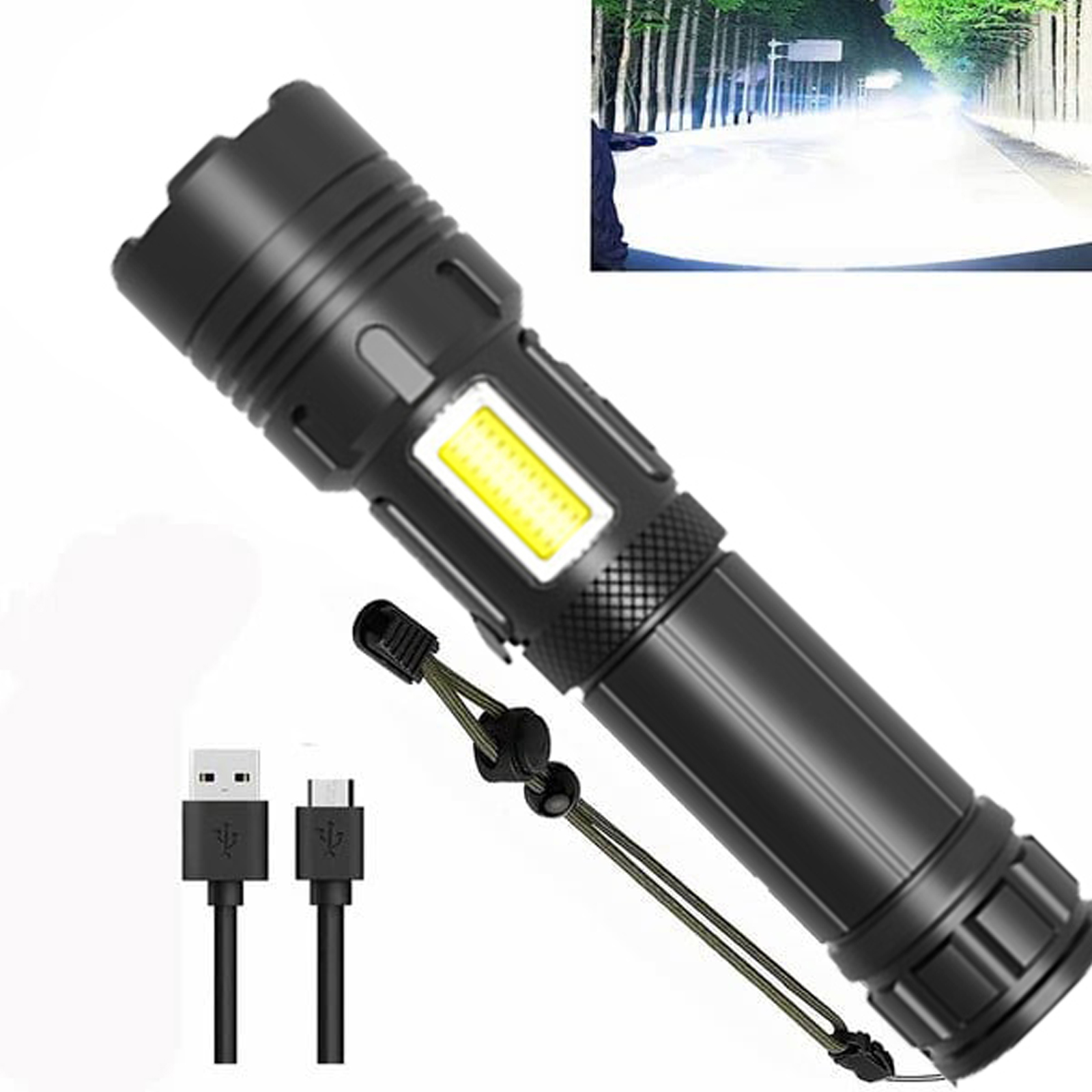 Schwarze Taschenlampe mit gelbem Licht, USB- und Typ-C-Kabeln und einer Waldszene im Hintergrund mit einer Person.