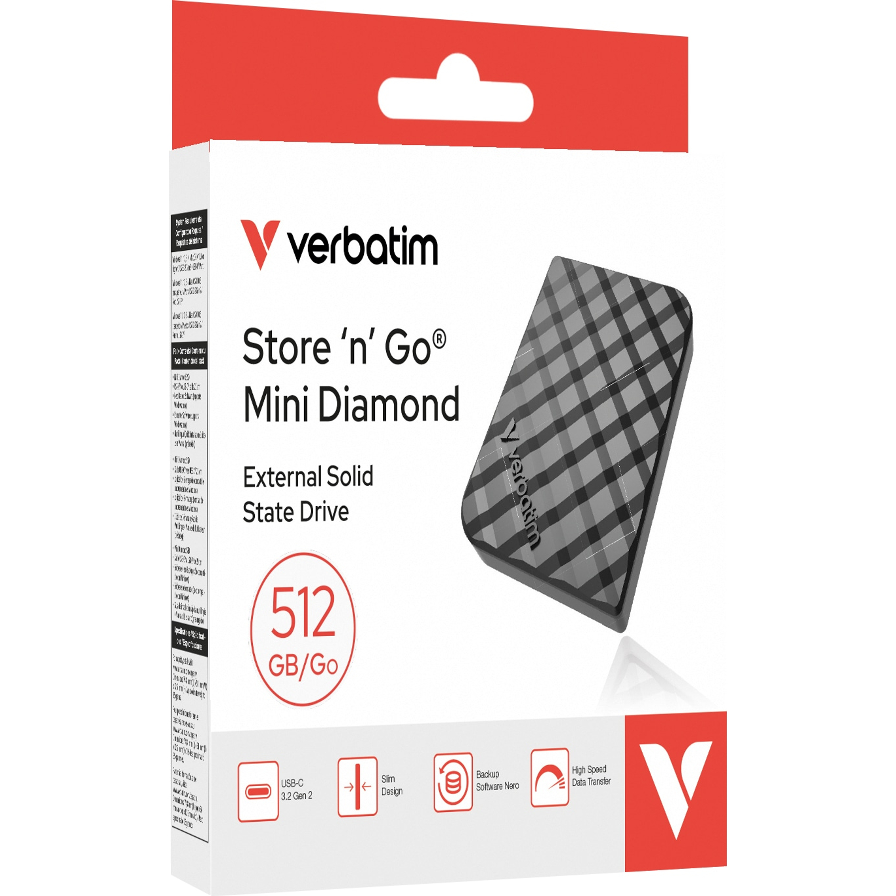 Scatola SSD Verbatim Store 'n' Go Mini Diamond. Include un'unità da 512 GB, USB-C, design sottile e trasferimento dati ad alta velocità.