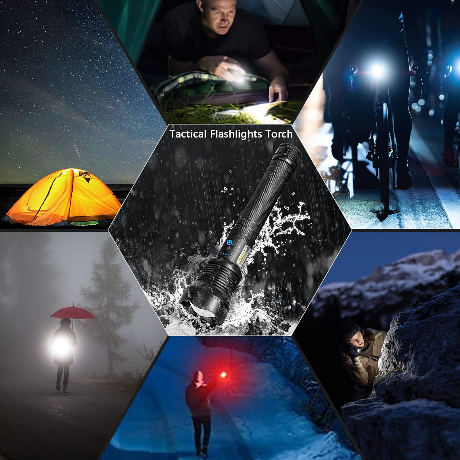 Das Bild zeigt eine taktische Taschenlampe in Aktion mit verschiedenen Szenen wie Camping, Radfahren und Wandern.