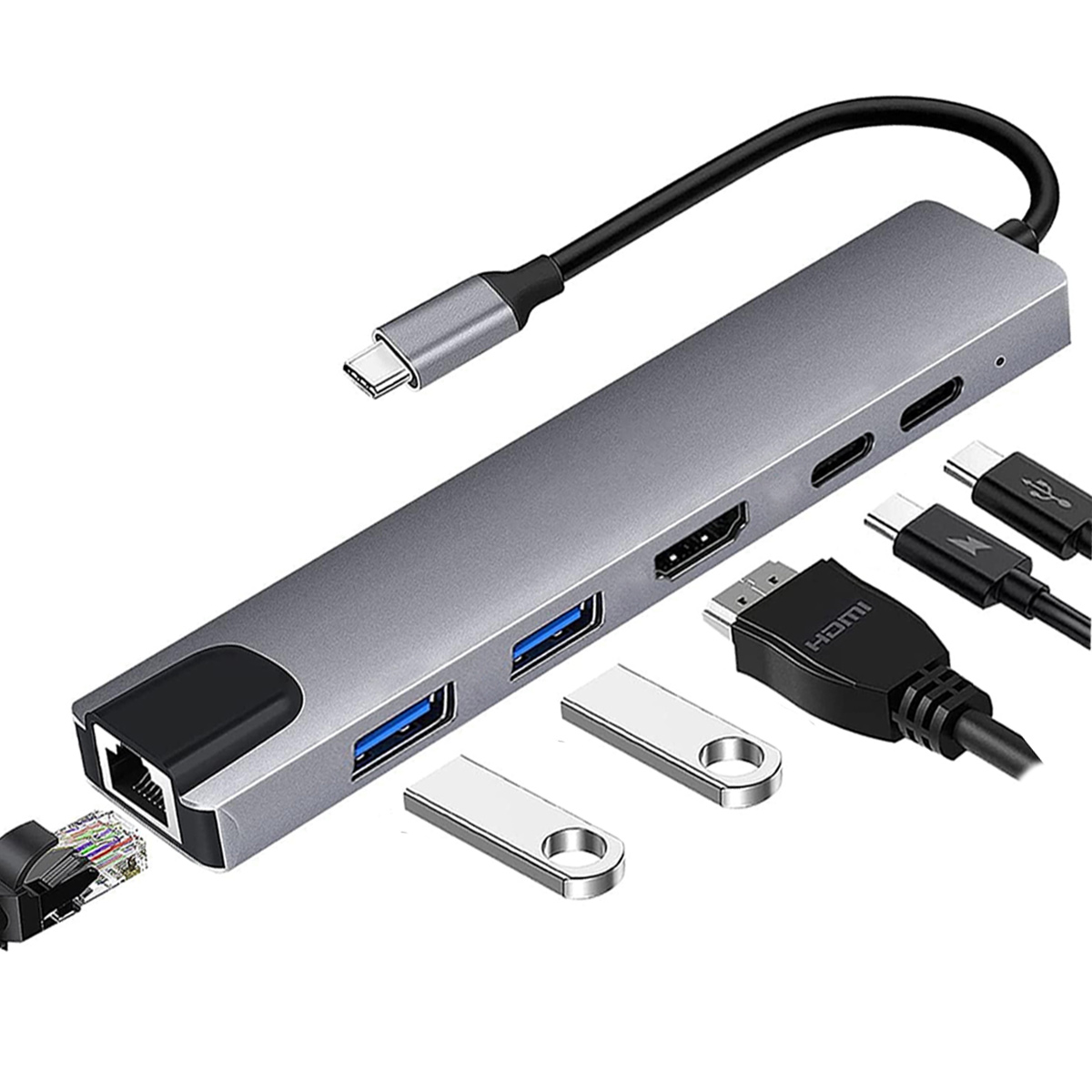 Ein grauer USB-Hub mit mehreren Anschlüssen, USB-Laufwerken und verschiedenen Kabeln, darunter HDMI- und USB-C-Anschlüsse, auf weißem Hintergrund.