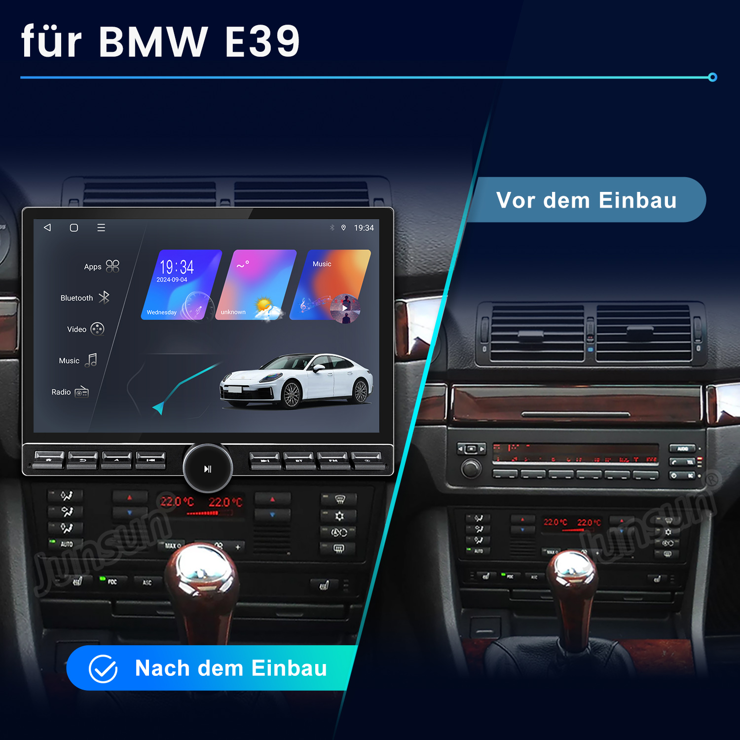 Armaturenbrett des Autos vor und nach der Installation eines neuen Multimediasystems. Das neue System zeigt Apps, Musik und ein Auto.