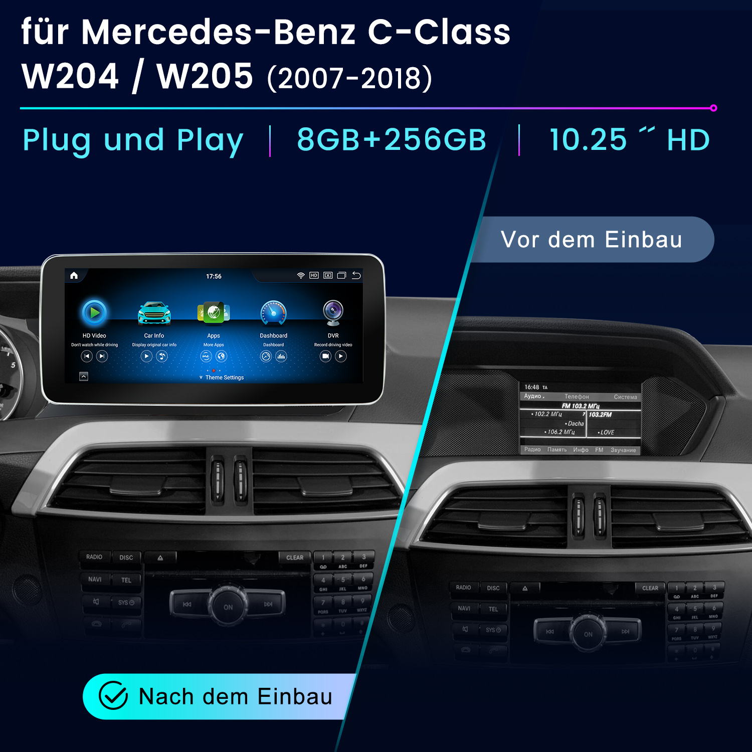 Das Bild zeigt ein Auto-Armaturenbrett mit einem neuen Multimedia-System, das den Vorher-Nachher-Vergleich mit deutschem Text zeigt.