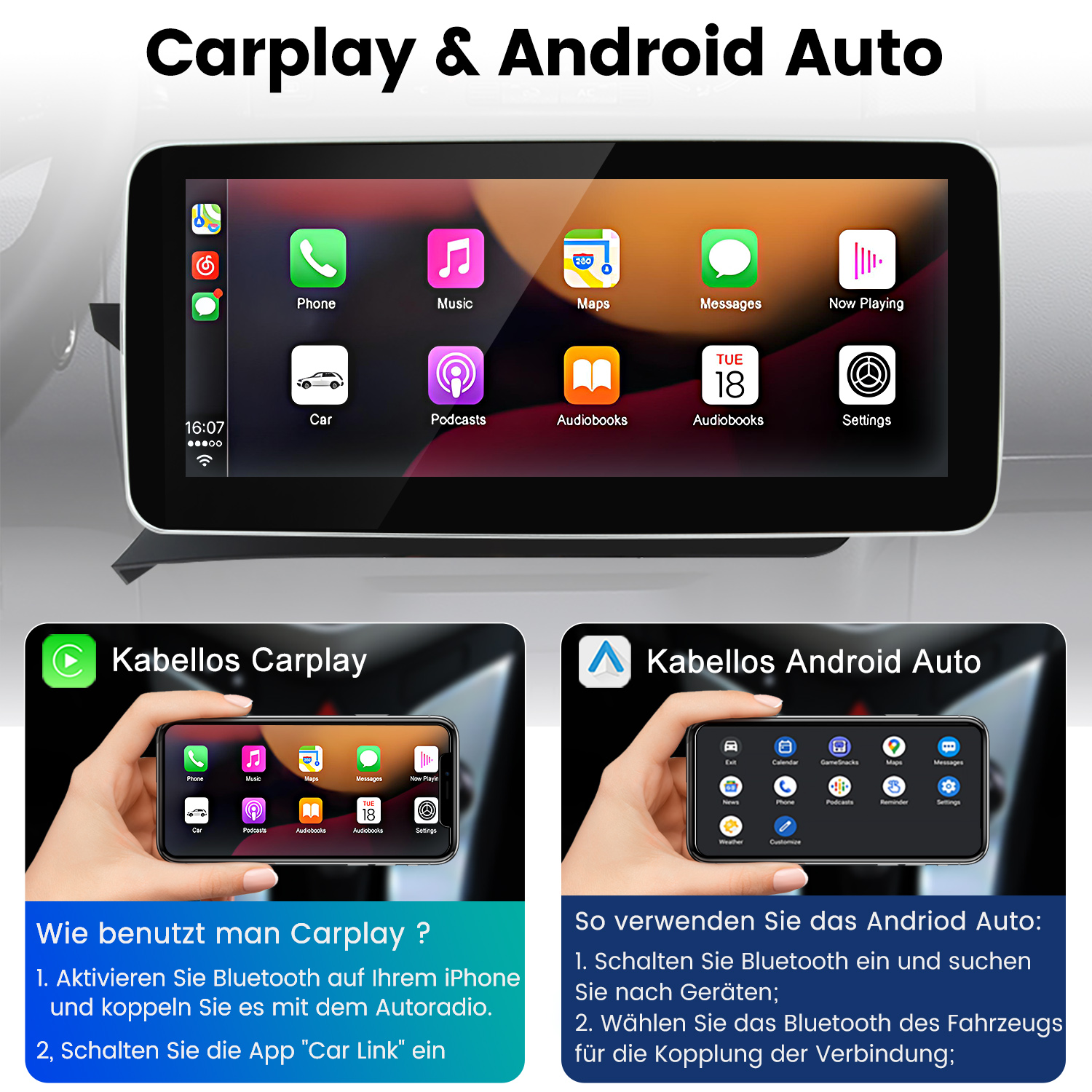 Carplay- und Android Auto-Oberfläche auf einem Auto-Display. Zeigt App-Symbole für Telefon, Musik, Karten, Nachrichten und Einstellungen.