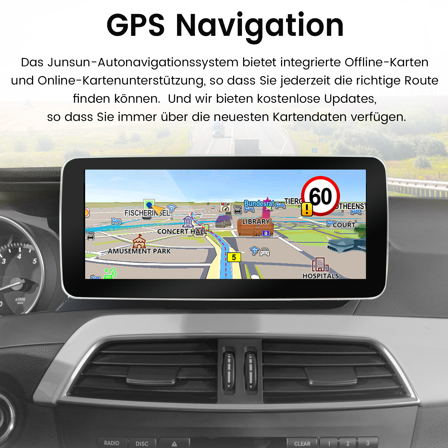Auto-Armaturenbrett mit GPS-Navigation, das eine Karte mit einem Geschwindigkeitsbegrenzungsschild von 60 anzeigt.