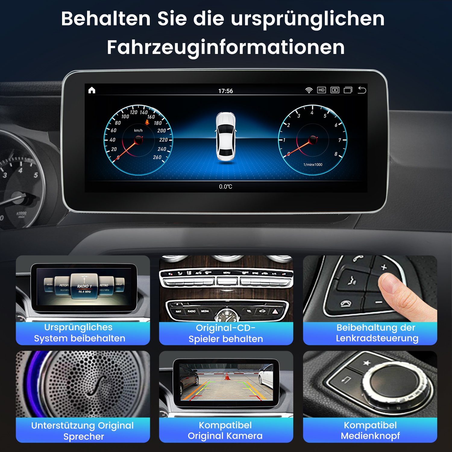 Auto-Dashboard-Bildschirm mit Tachometer, Drehzahl und Autografik. Zu den Funktionen gehören Radio, CD-Player, Lenkradsteuerung und Medientasten.