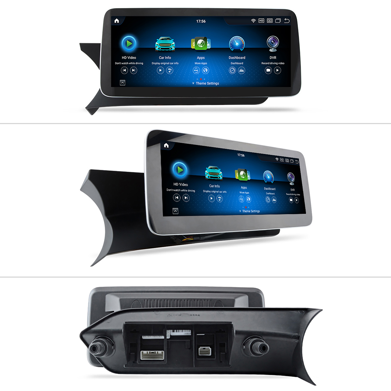 Drei Ansichten eines Auto-Multimedia-Systems. Der Bildschirm zeigt Symbole wie 'HD-Video', 'Car Info', 'Apps', 'Dashboard' und 'DVR'.