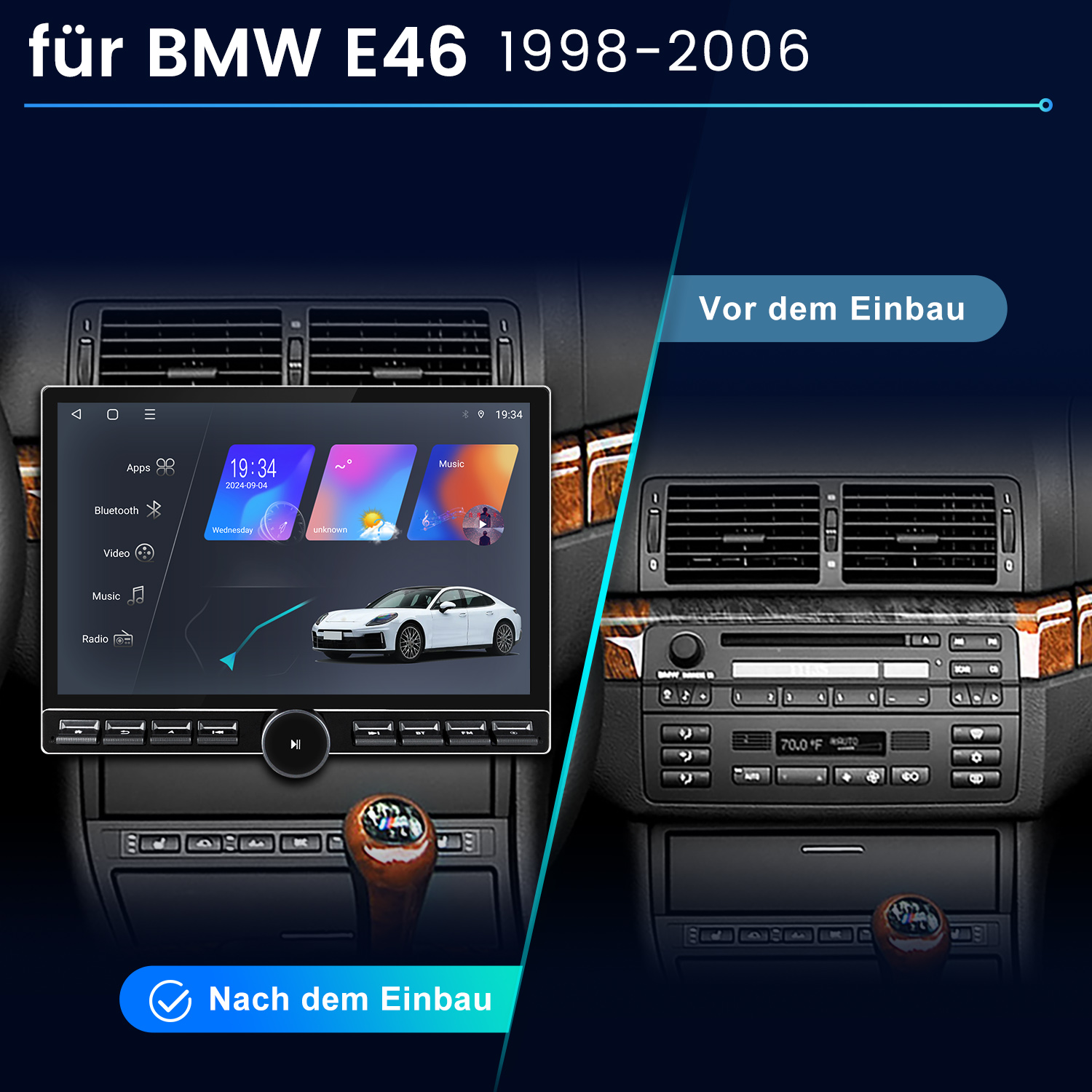 Das Bild zeigt das Armaturenbrett eines Autos vor und nach der Installation eines neuen Multimediasystems. Das neue System zeigt Zeit und App-Symbole an.