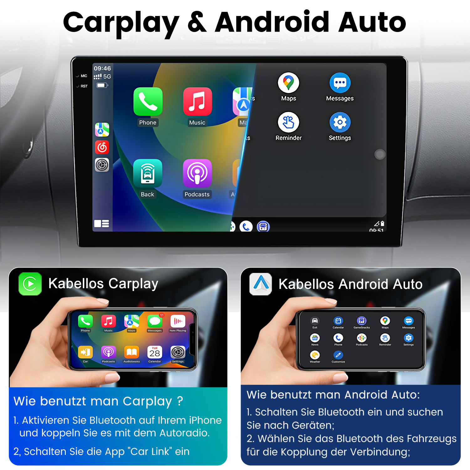 System informacyjno-rozrywkowy w samochodzie pokazujący interfejsy CarPlay i Android Auto, instrukcje i aplikacje.
