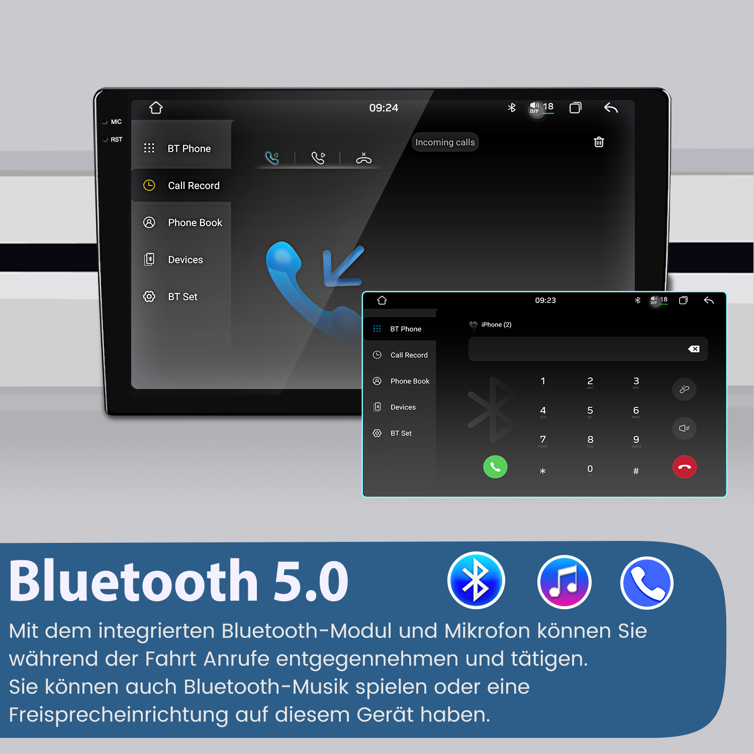 System multimedialny w samochodzie wyświetla ustawienia Bluetooth i interfejs klawiatury telefonu. Ekran pokazuje opcje telefonu i połączenia przychodzące.