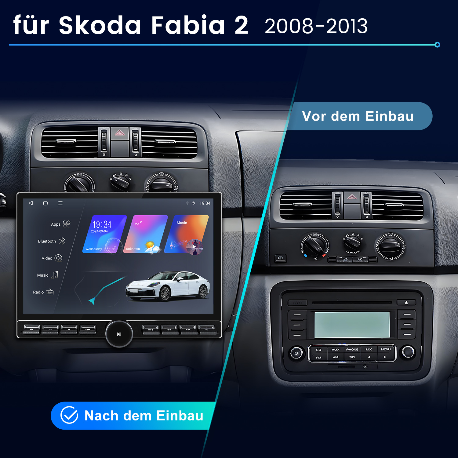 Das Bild zeigt den Innenraum des Skoda Fabia. Links ist ein neues Display installiert. Rechts ist das Originalradio zu sehen.