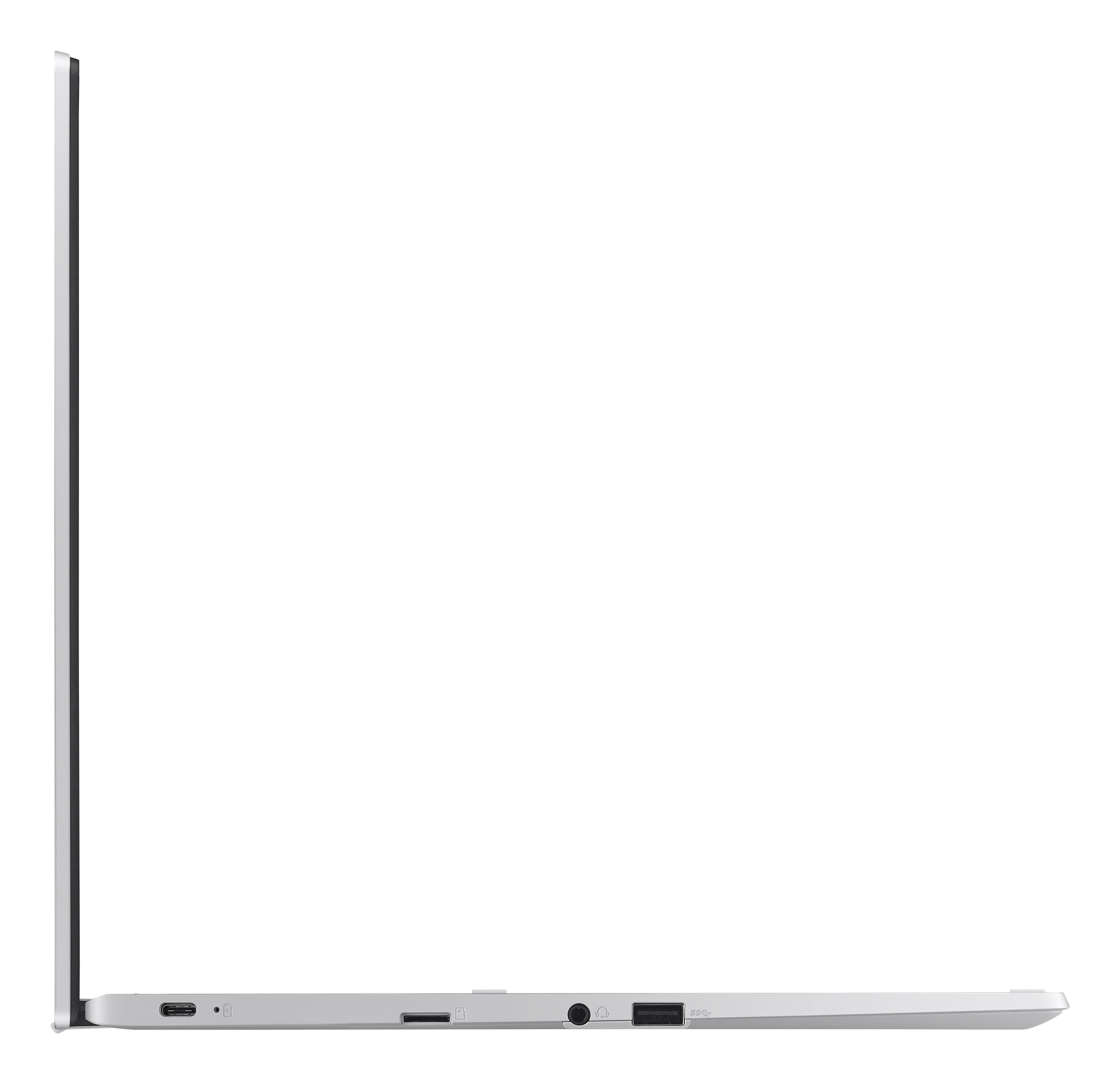 Vista laterale di un laptop argentato. Le porte visibili includono USB-C e jack audio. Lo schermo è chiuso.