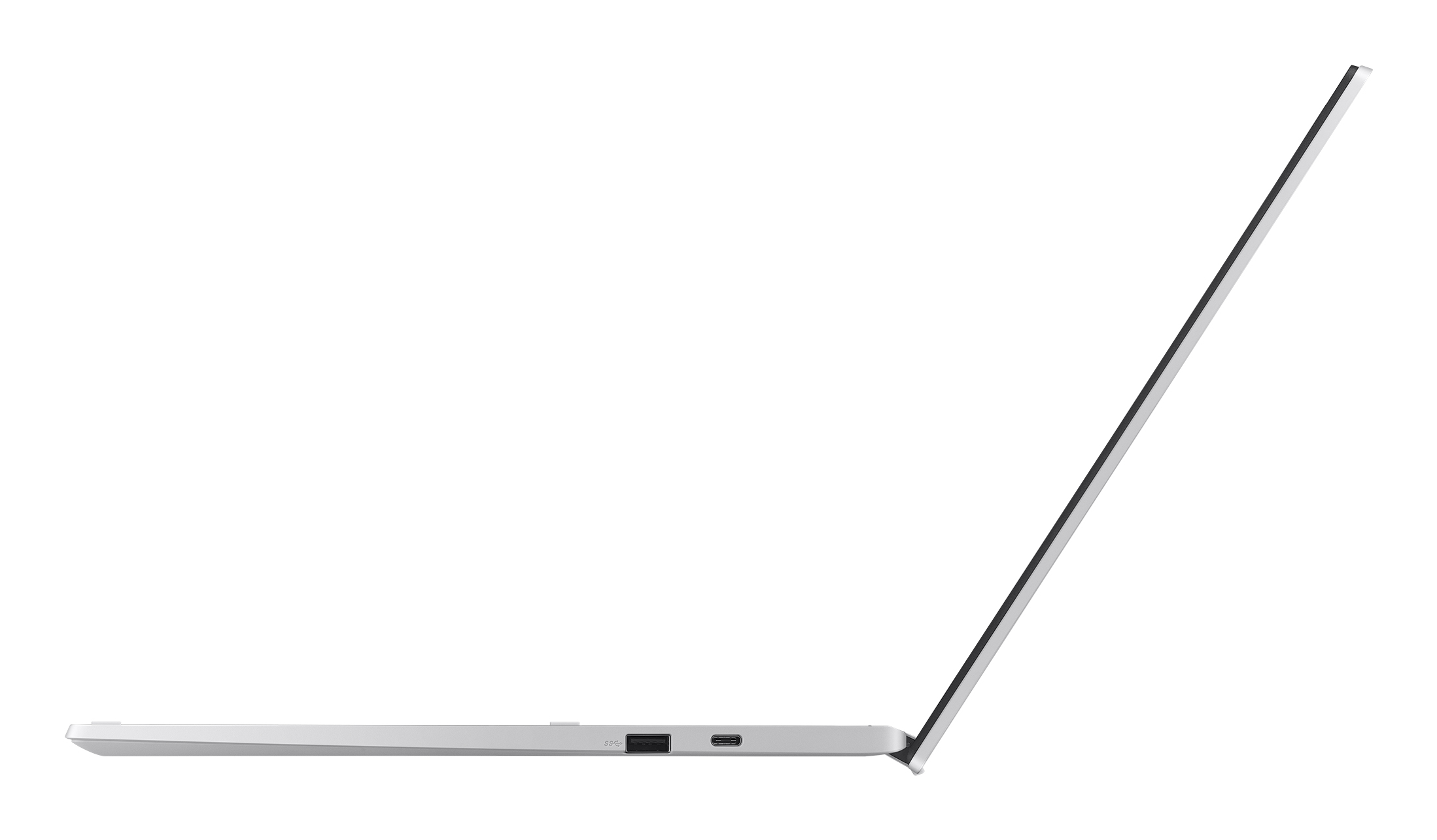 Vista laterale di un laptop argentato, schermo aperto. Porte visibili. Sfondo bianco.