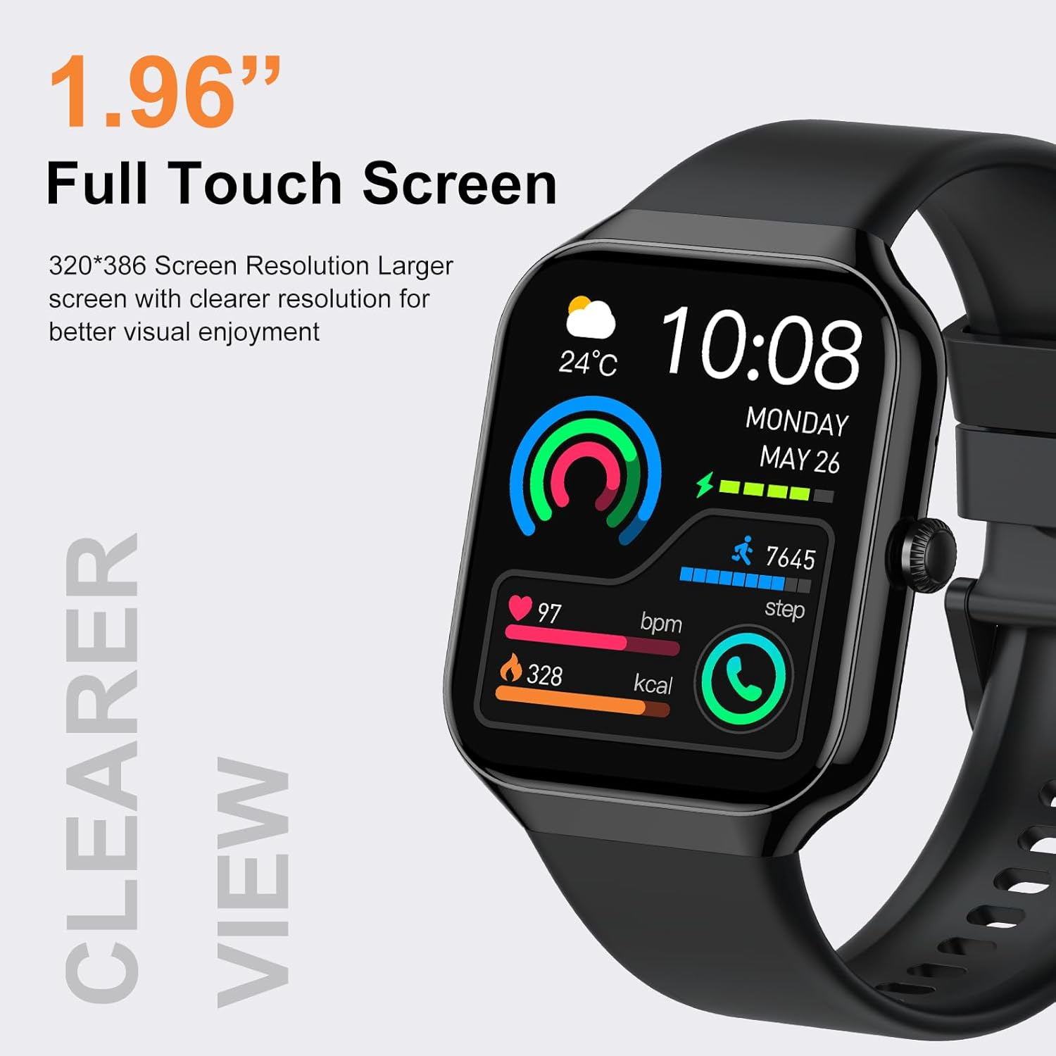 Schwarze Smartwatch zeigt Zeit, Datum, Schritte, Herzfrequenz und verbrannte Kalorien an. Sie hat ein schwarzes Armband und Touchscreen.