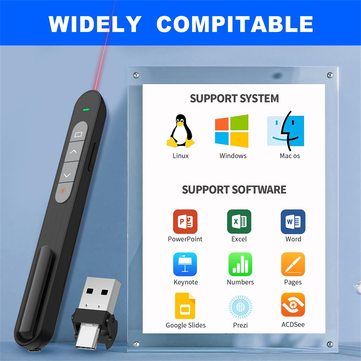 Schwarze Präsentationsfernbedienung mit Laserpointer, USB-Empfänger und einer Anzeige des Unterstützungssystems mit OS-Logos und Software-Symbolen.