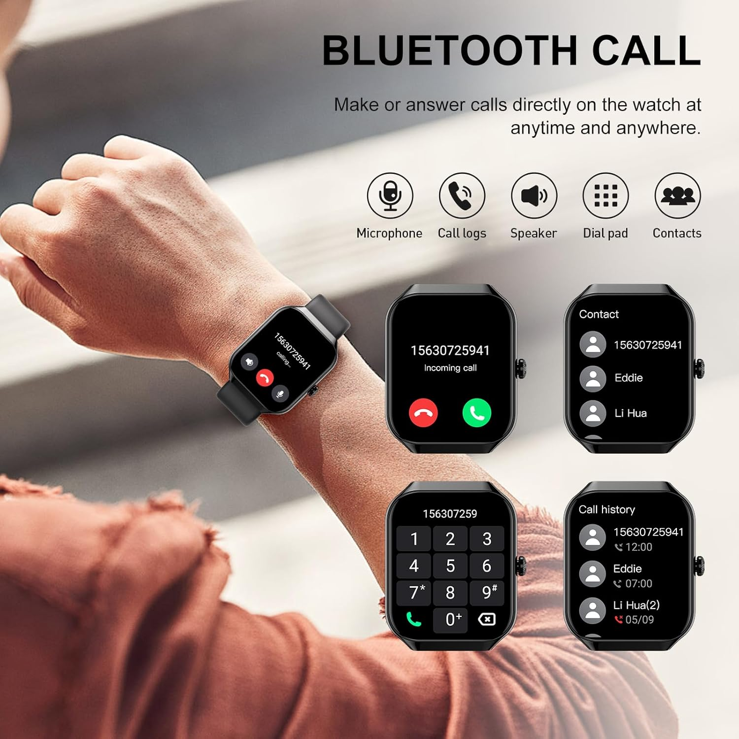 Eine Person trägt eine Smartwatch mit Anruffunktionen, einschließlich Wahl, Kontaktliste und Anrufverlauf.