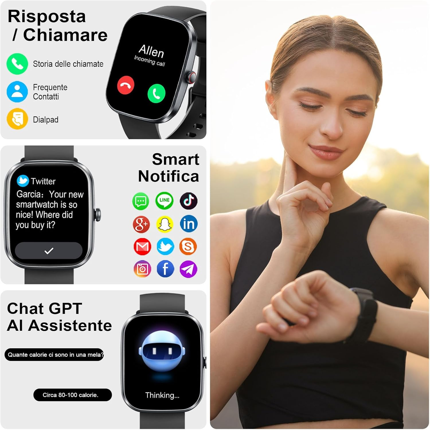 Eine Frau betrachtet ihre Smartwatch. Die Uhr zeigt Benachrichtigungen und Anruffunktionen an. Mehrere App-Symbole sind ebenfalls sichtbar.
