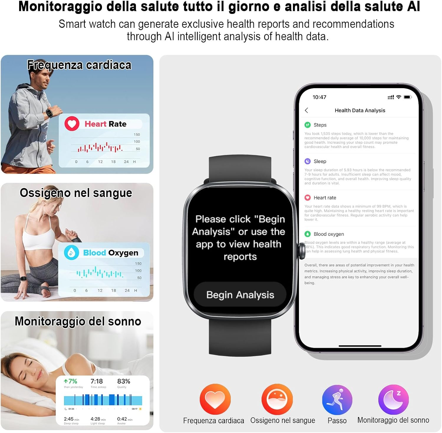 Smartwatch zeigt Gesundheitsdaten an: Herzfrequenz, Blutsauerstoff und Schlafanalyse. Der Bildschirm zeigt die Daten.