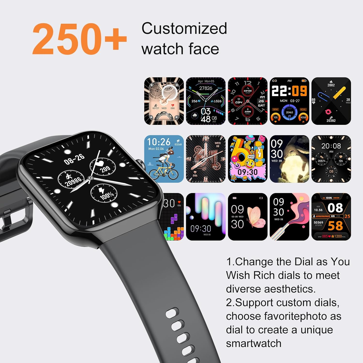 Smartwatch mit verschiedenen Zifferblättern, die Zeit, Datum und Gesundheitsmetriken anzeigen, mit Text: Zifferblatt anpassen.