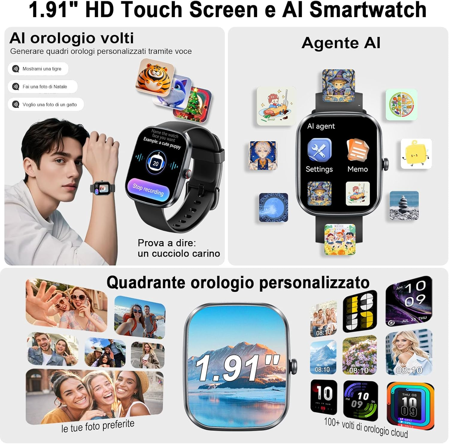 Smartwatch mit einem Mann, der sie trägt, zeigt Zifferblätter, KI-Agenten und anpassbare Zifferblätter.