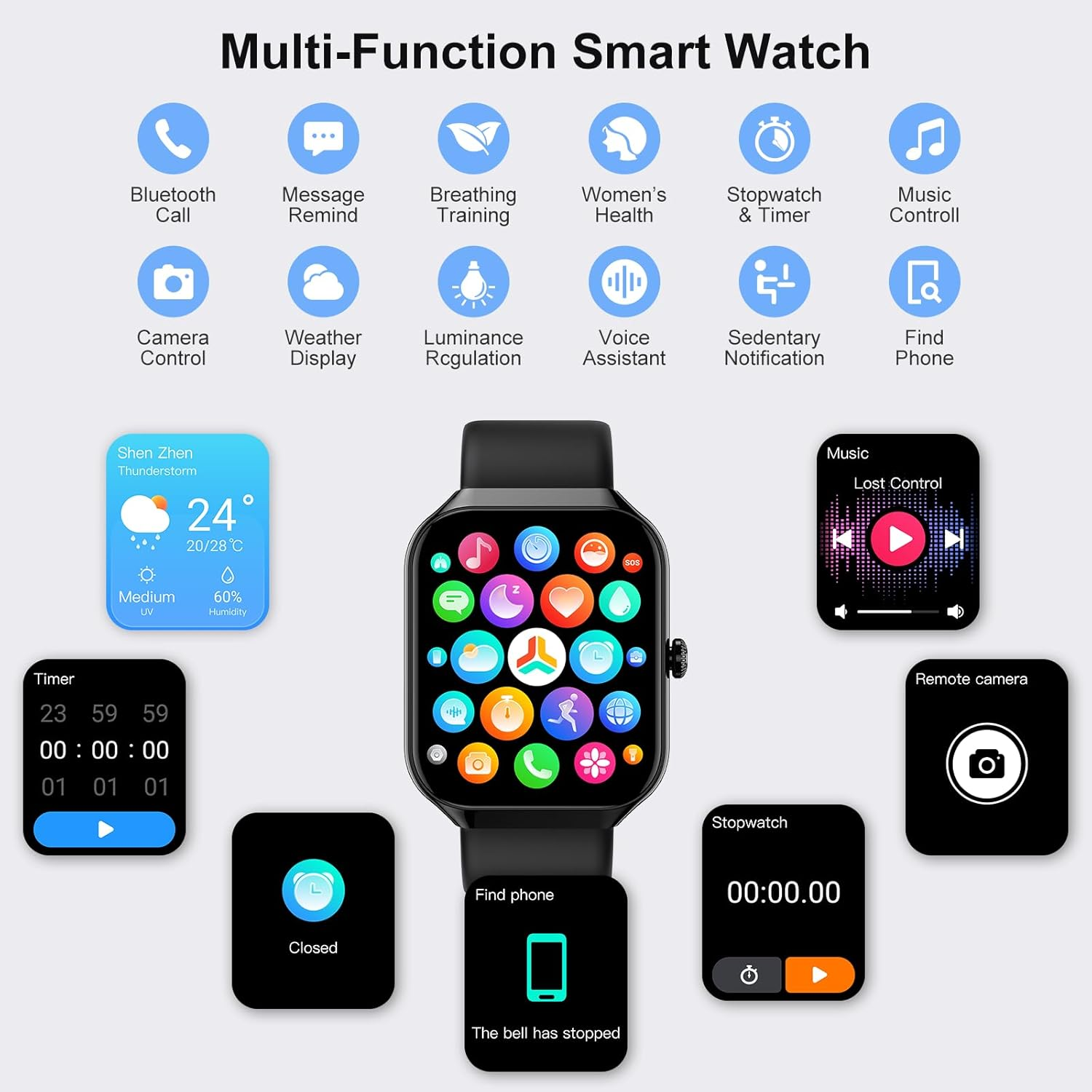 Eine schwarze Smartwatch zeigt verschiedene Funktionen wie Wetter, Musiksteuerung und Stoppuhr mit Symbolen und Textbeschriftungen.