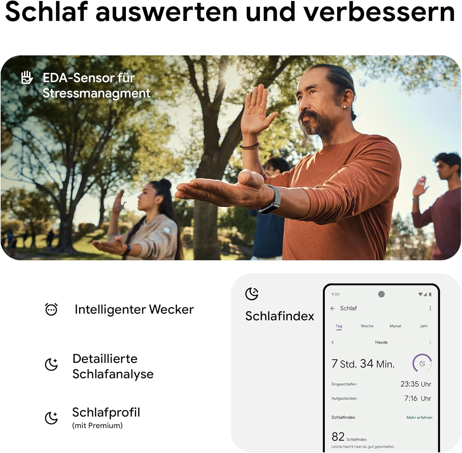 Ein Mann praktiziert Tai Chi mit anderen in einem Park. Das Bild enthält Schlaf-Tracking-Details und App-Funktionen wie Schlafanalyse.