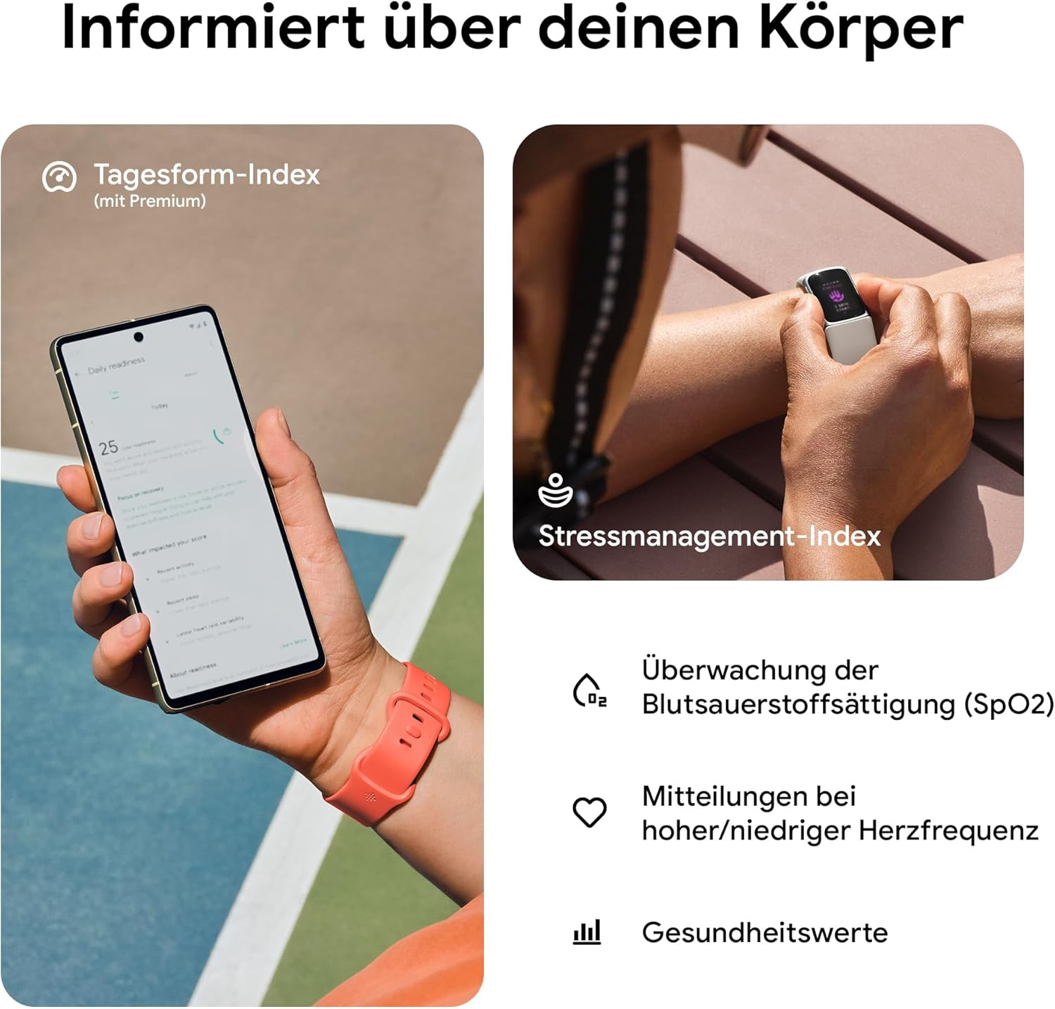 Eine Person, die eine Smartwatch trägt, überprüft die tägliche Bereitschaft und das Stressmanagement. Informationen über Gesundheitsmetriken, Sauerstoff und Herzfrequenz.