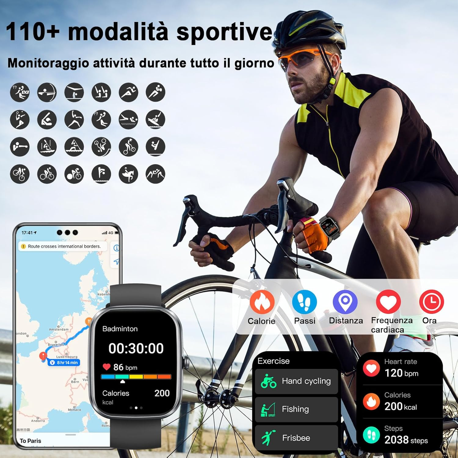 Mann fährt Fahrrad mit Smartwatch, die Trainingsdaten anzeigt. Telefon zeigt Karte. Symbole zeigen verschiedene Sportarten und Gesundheitsmetriken.