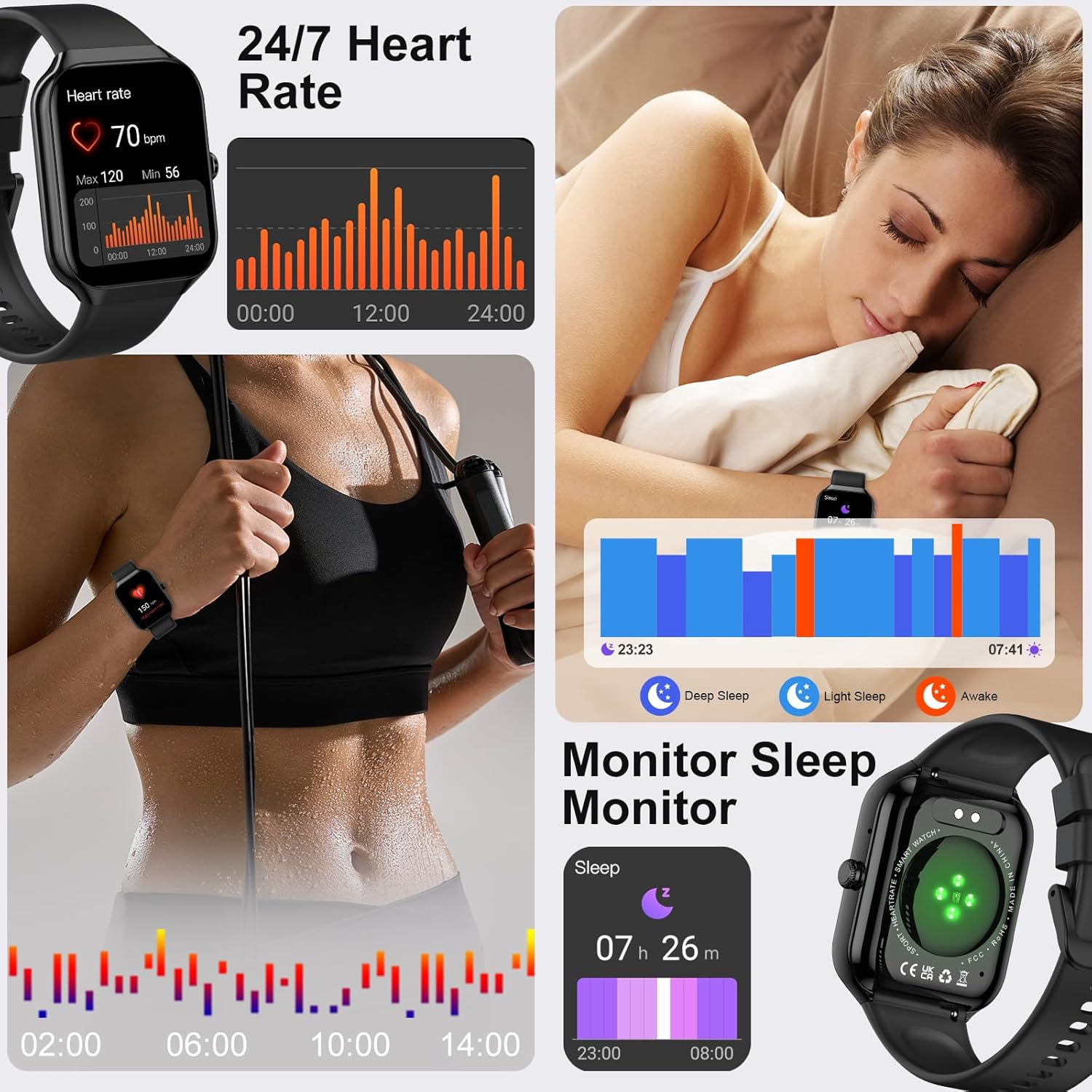 Das Bild zeigt eine schwarze Smartwatch, die Herzfrequenz- und Schlafdaten anzeigt. Enthält Diagramme und eine Frau, die mit Uhr schläft.
