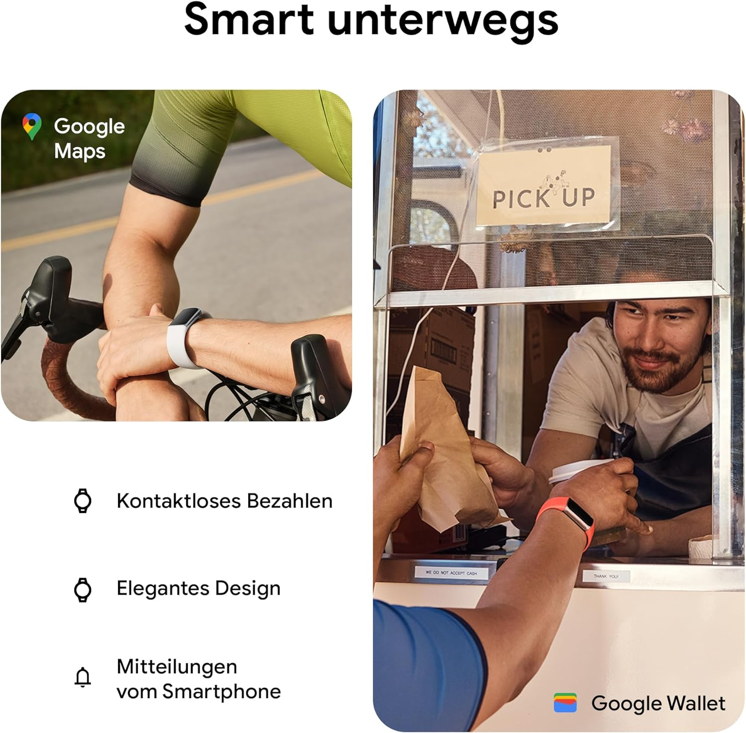 Das Bild zeigt eine Person, die mit Google Maps Fahrrad fährt, und eine Person, die Kaffee und Essen erhält. Google Wallet und kontaktloses Bezahlen werden angezeigt.