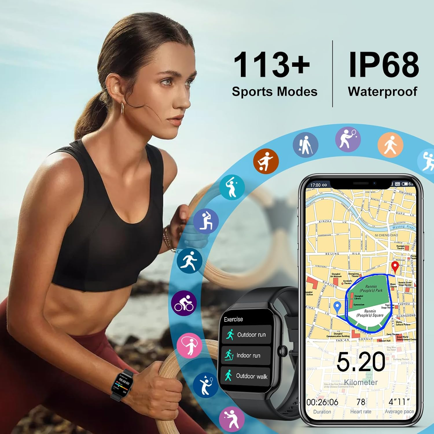 Frau mit Uhr, Karte und Symbolen. Text sagt Sportmodi und wasserdicht. Uhr zeigt Outdoor-Lauf und Statistiken.
