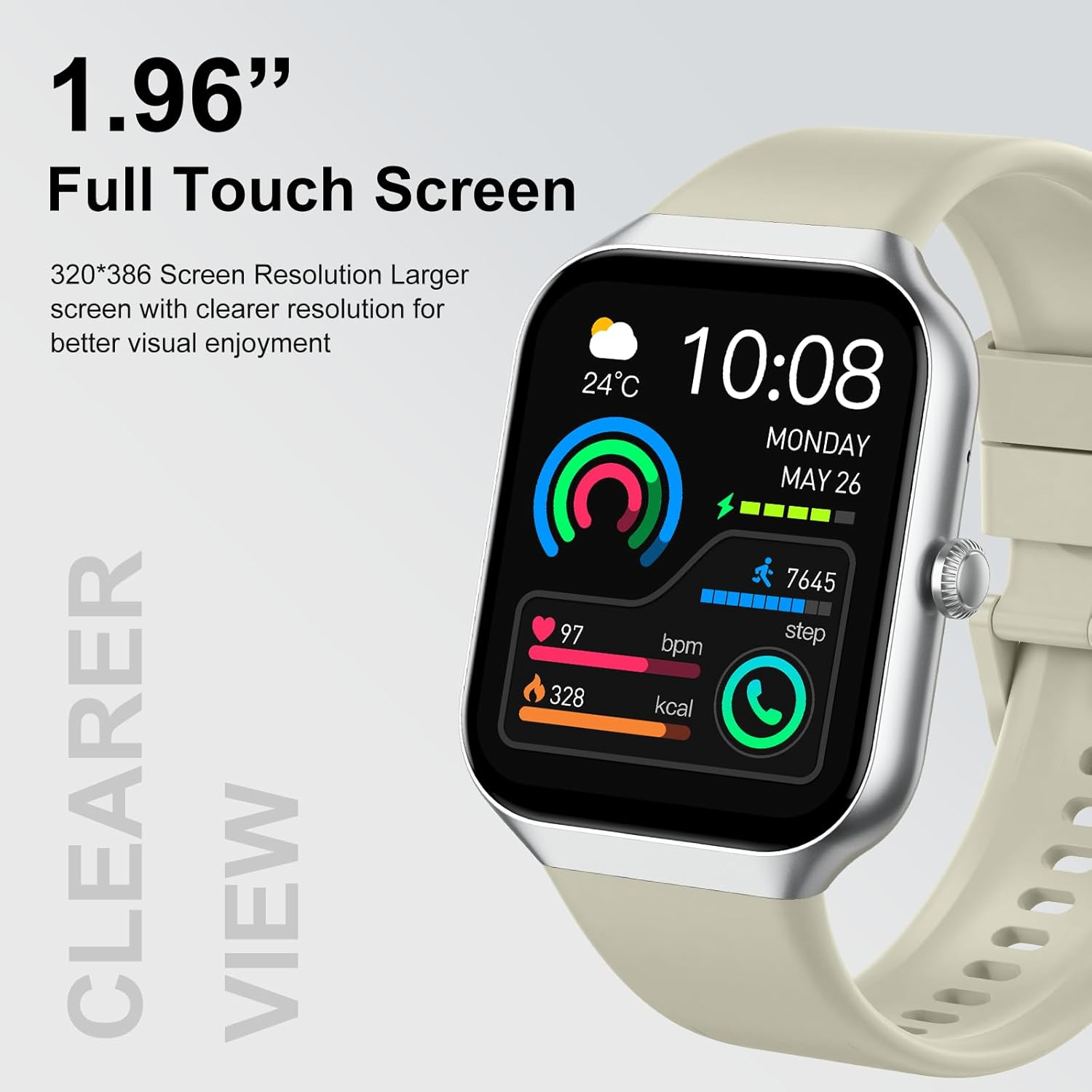 Eine Smartwatch zeigt Zeit, Datum, Temperatur und Gesundheitsdaten wie Herzfrequenz und Schritte an. Sie hat ein helles Armband und ein silbernes Gehäuse.